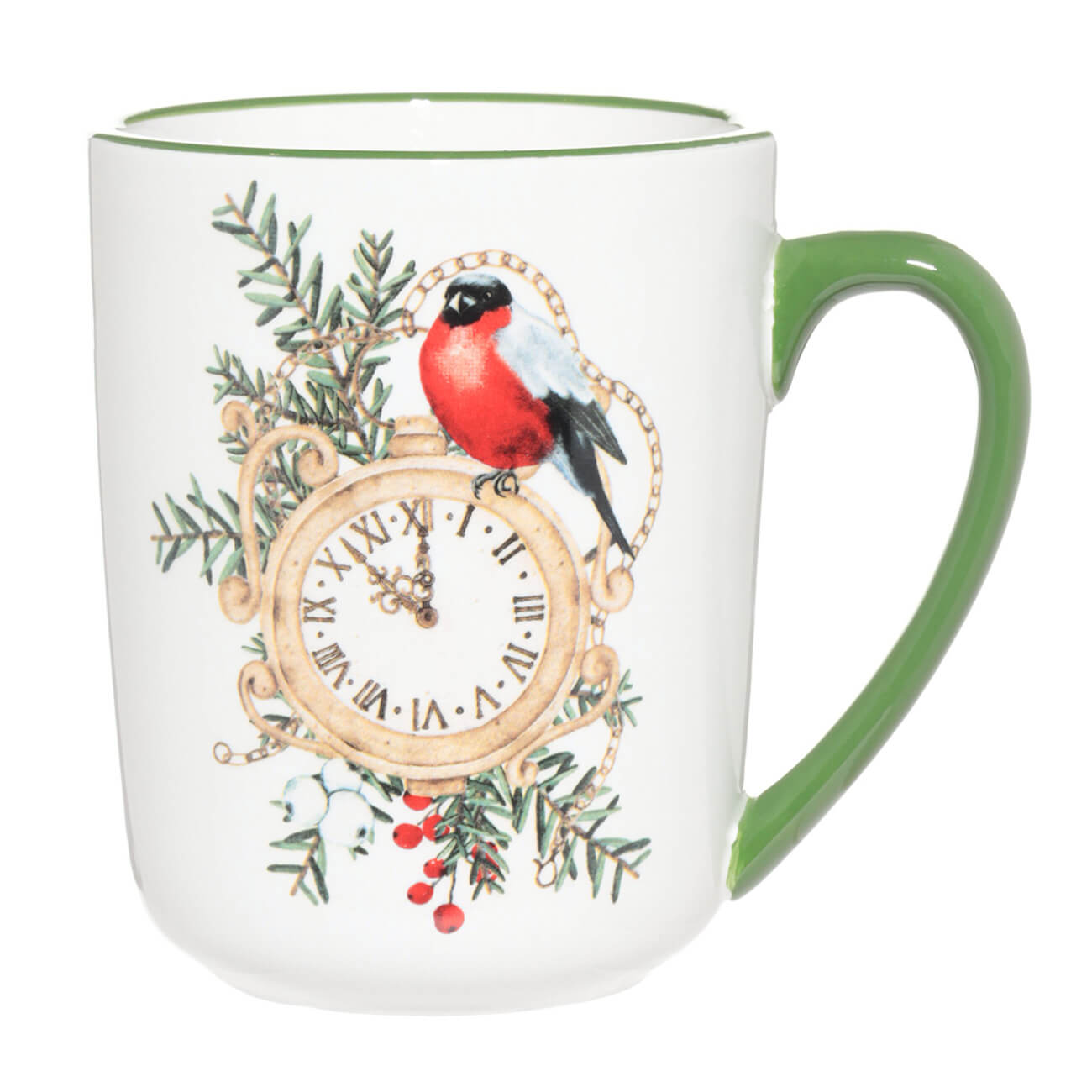 

Кружка, 500 мл, керамика, Часы и снегирь, Christmas green