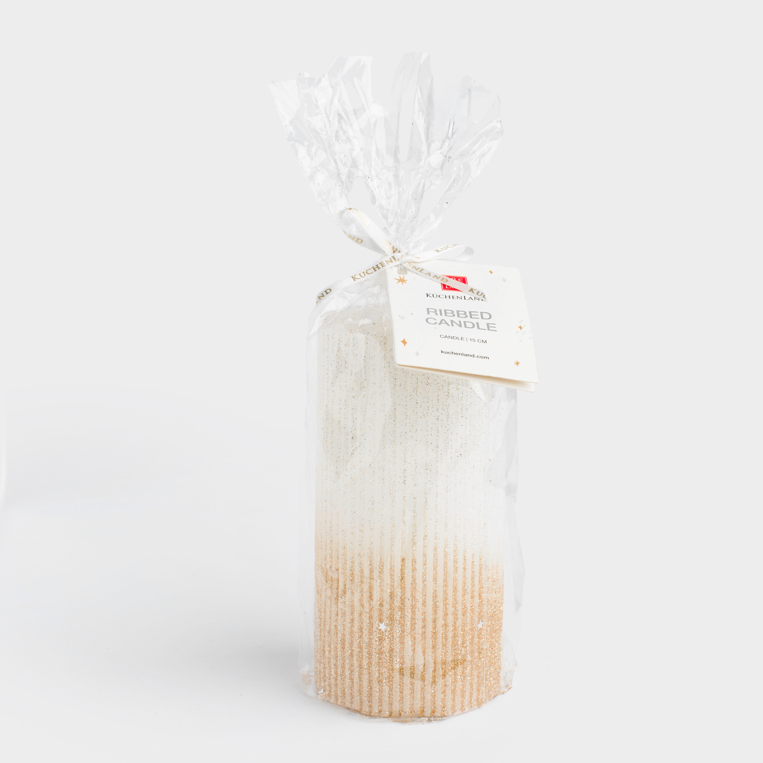 Свеча, 15 см, цилиндрическая, с блестками, молочно-золотистая, Ribbed candle, image-4