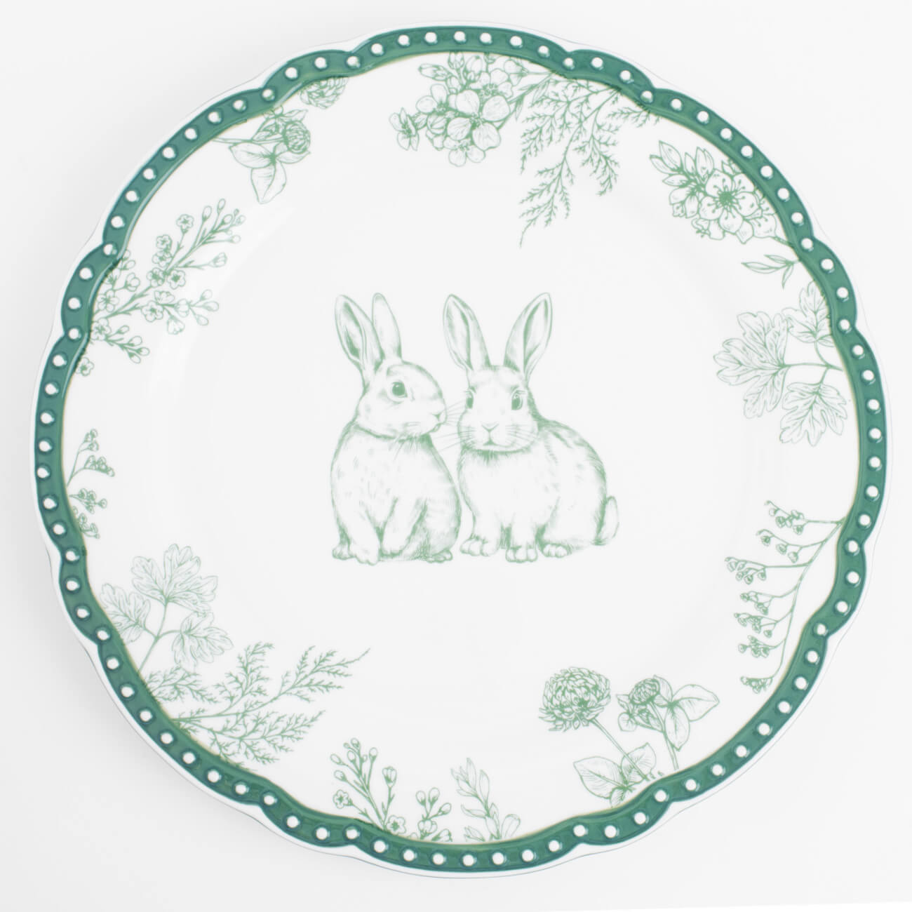 Тарелка обеденная, 27 см, керамика, бело-зеленая, Кролики и цветы, Easter blooming