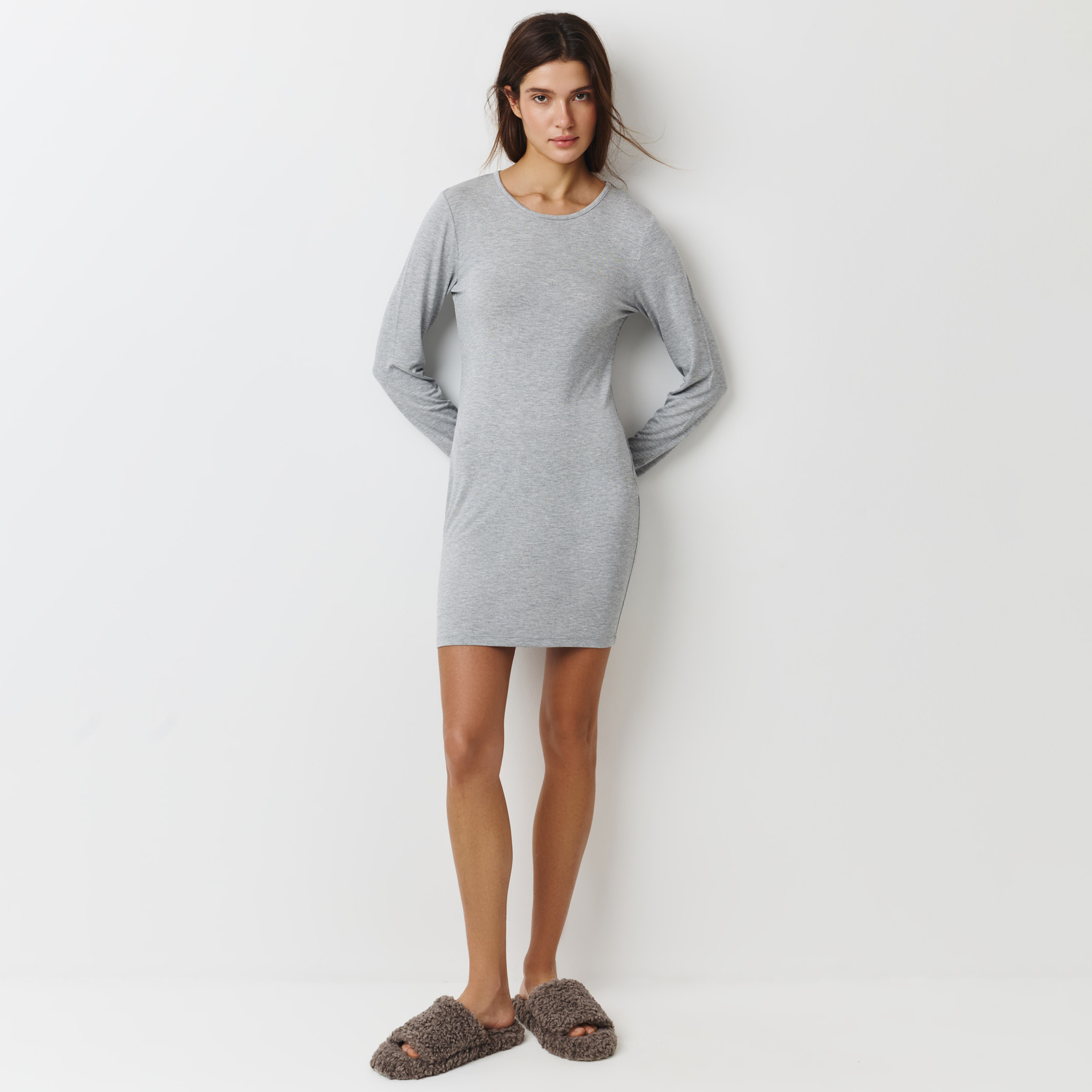 Платье женское, домашнее, с длинным рукавом, серый меланж, Aidila