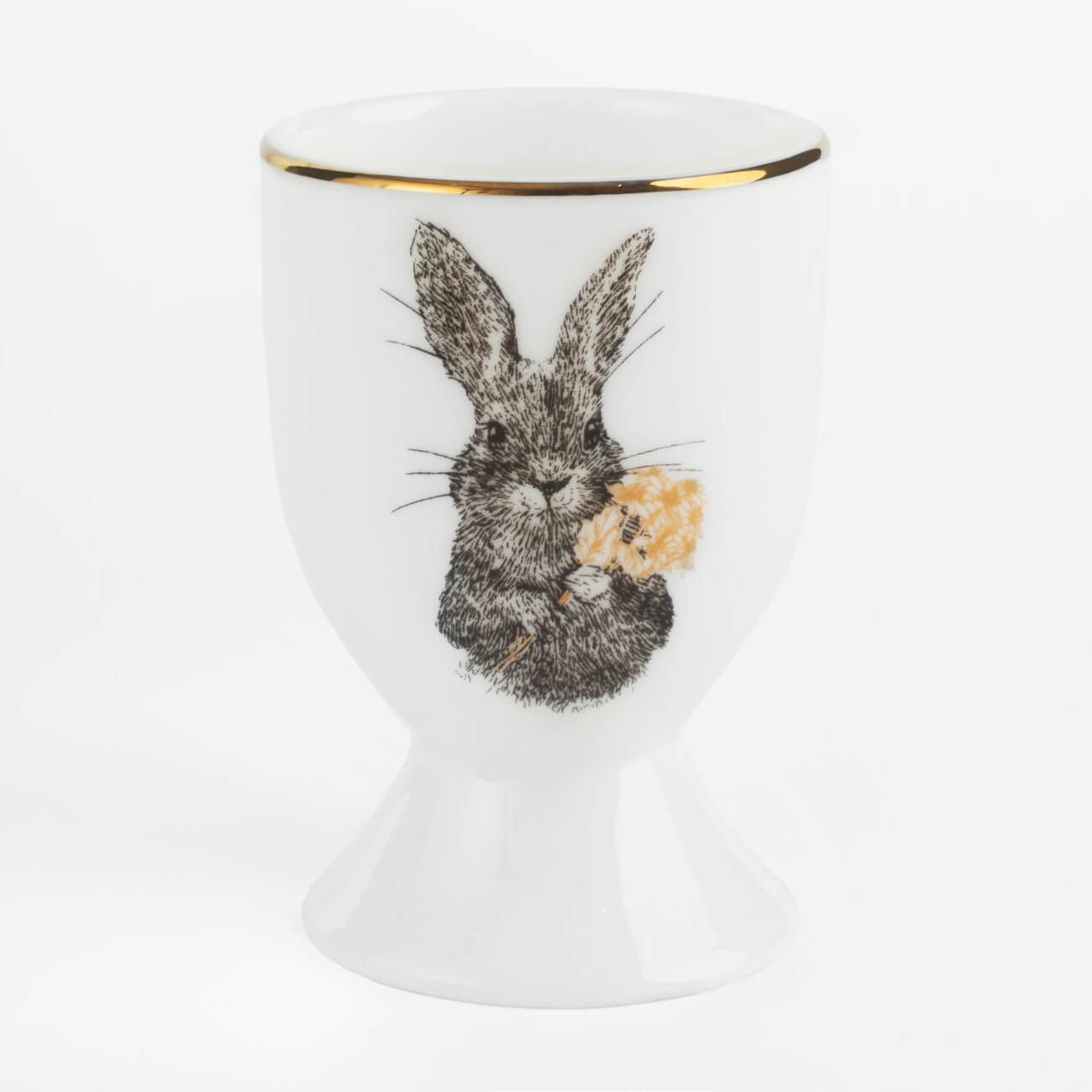 Подставка для яйца, 7 см, фарфор F, белая, с золотистым кантом, Кролик с цветами, Rabbit gold