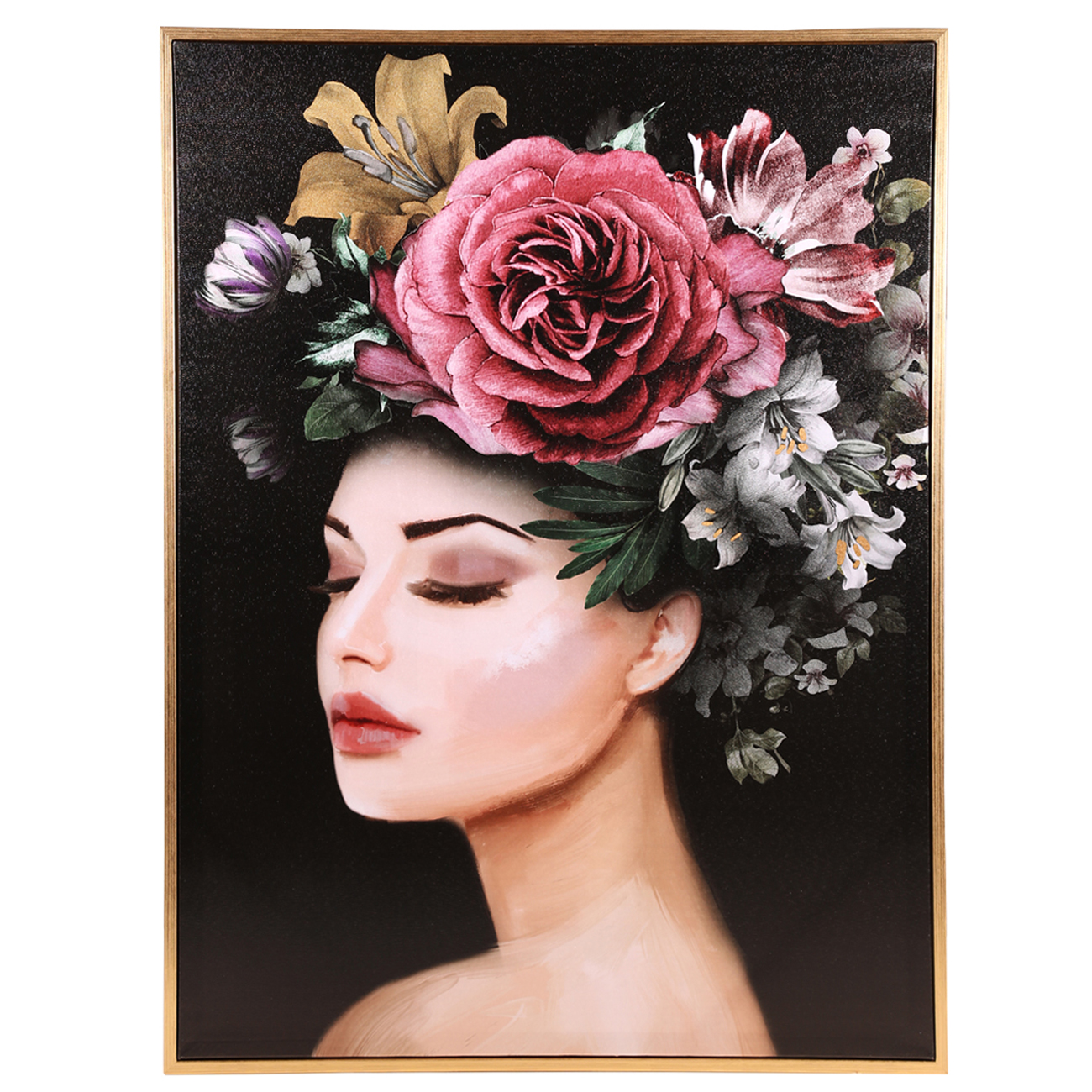 Картина в раме, 60х80 см, холст, черная, Женщина в цветочном венке