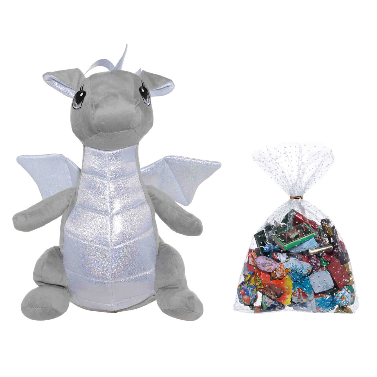 

Игрушка-мешок с конфетами, 30 см, 500 гр, серый, Ассорти, Дракон, Dragon toy