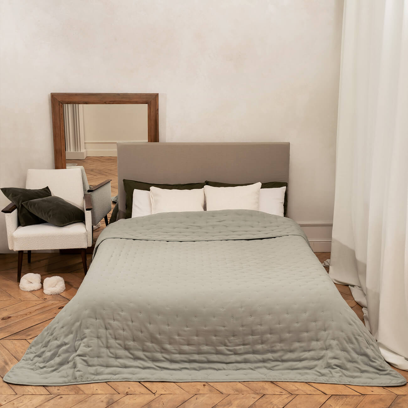 

Покрывало, 220х240 см, стеганое, микрофибра, оливковое, Точки, Stitch
