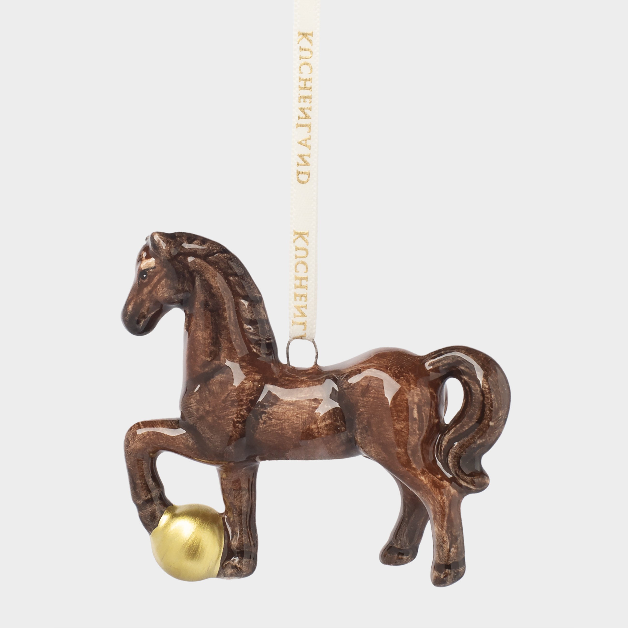 Игрушка елочная, 7 см, керамика, коричнево-золотистая, Конь с шаром, Figure christmas, image-0
