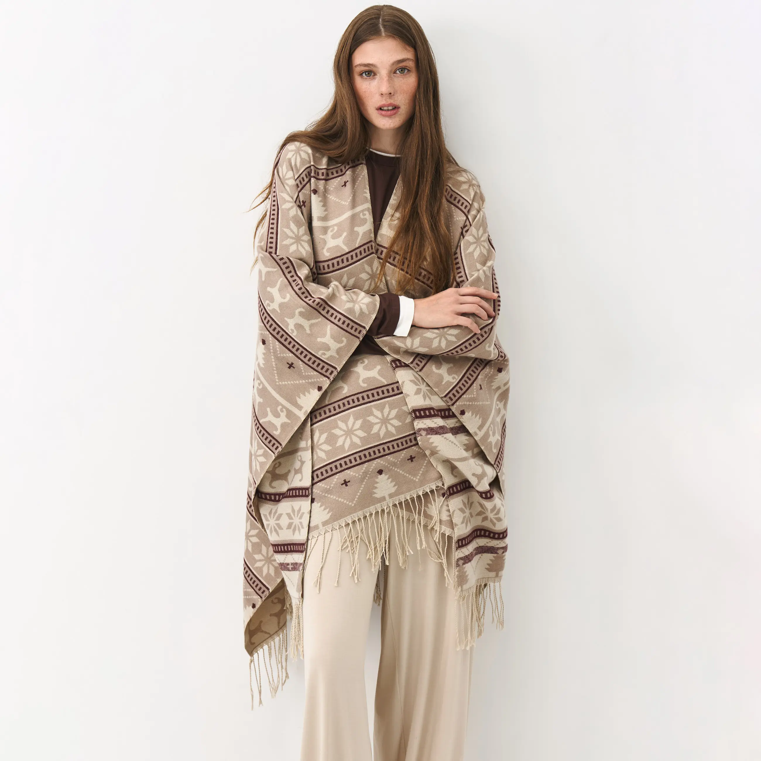 Пончо с бахромой, бежевое, Poncho