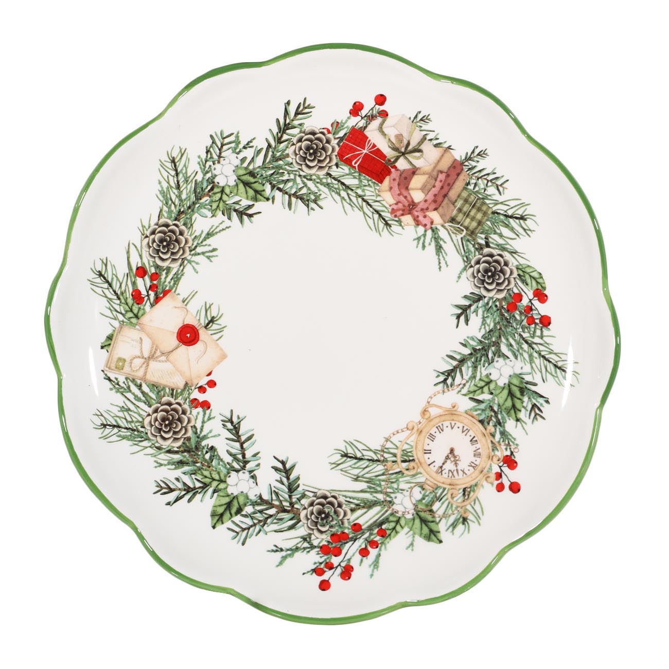 

Тарелка обеденная, 25 см, керамика, Венок с подарками, Christmas green