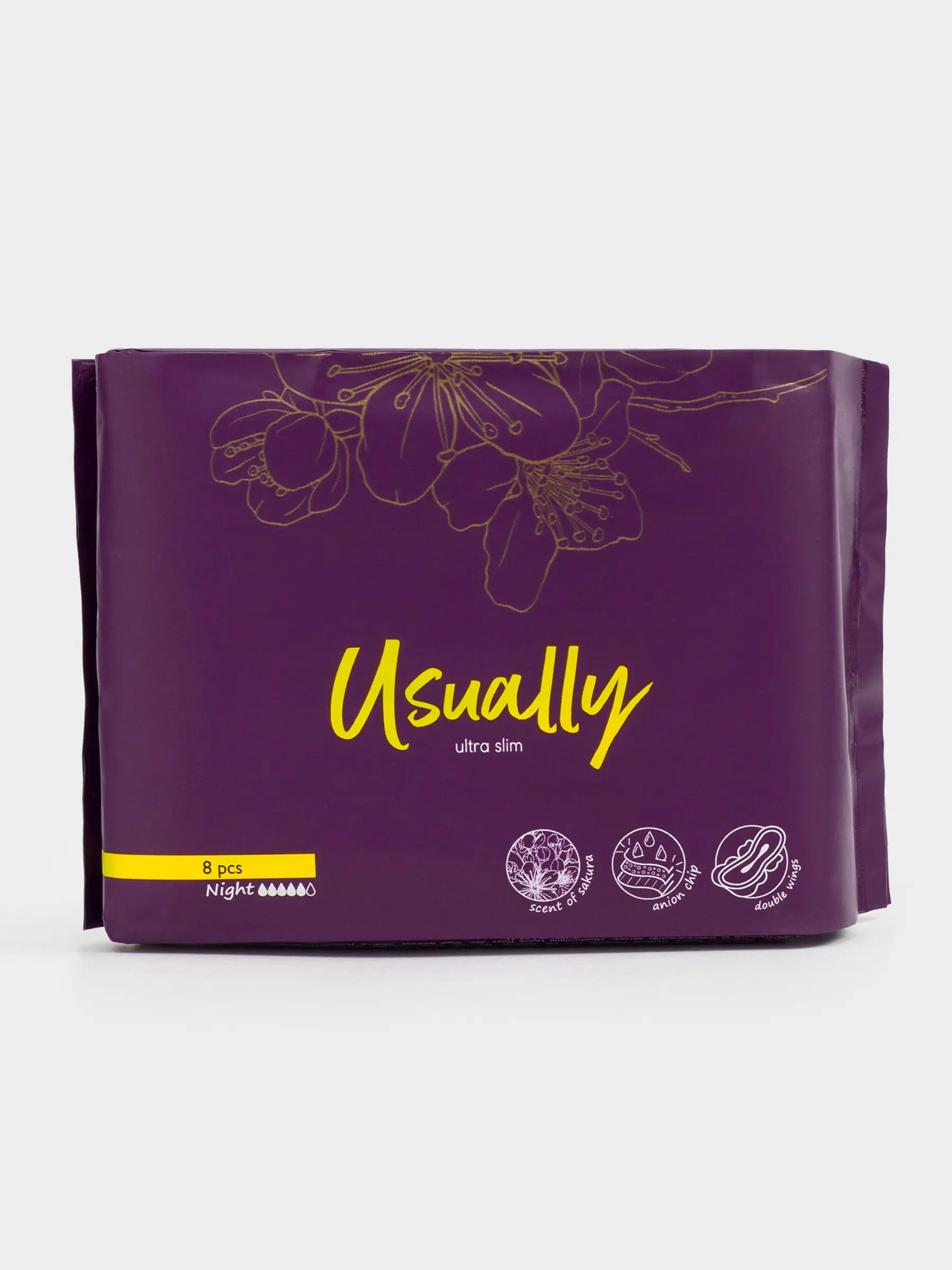 Прокладки гигиенические, 29 см, 8 шт, с двойными крылышками, ароматизированные, Night, Usually, image-0