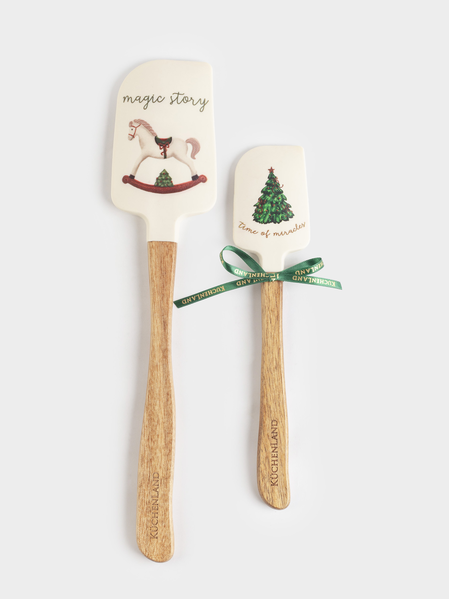 Лопатка-шпатель, 2 шт, силикон/дерево, молочная, Лошадка и елка, Сhristmas green, image-0