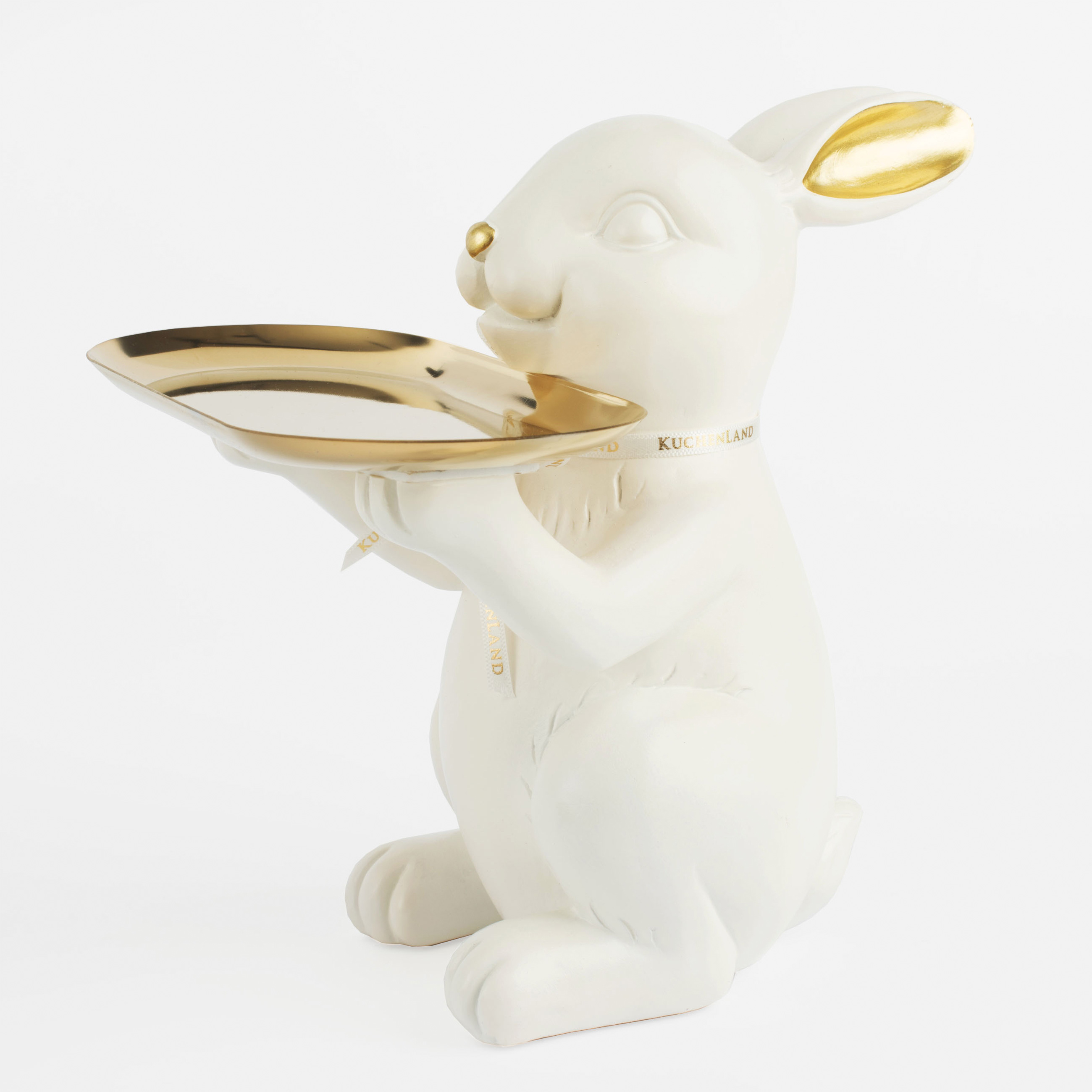 Блюдо декоративное, 20 см, полирезин/металл, бело-золотистое, Кролик с подносом, Easter gold изображение № 2