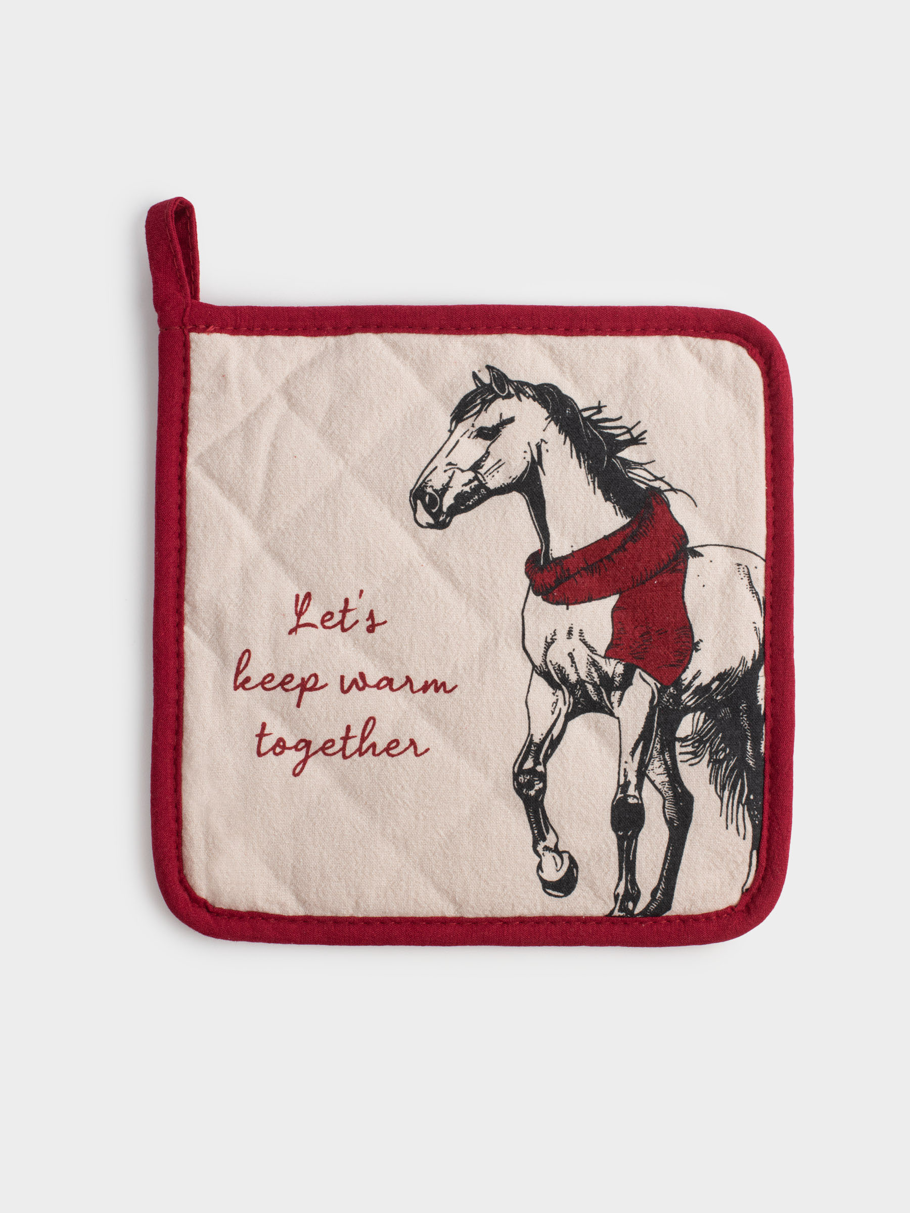 Прихватка, 20x20 см, хлопок, серо-бежевая, Лошадь, Horse in scarf, image-0