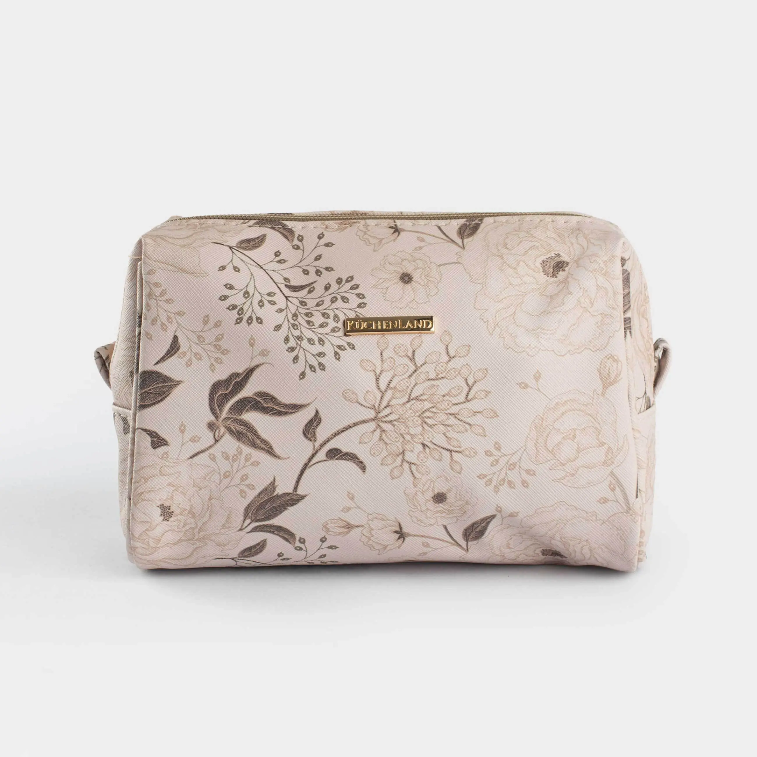 Косметичка, 21х13 см, полиуретан, бежевая, Коричневые цветы, Brown flowers