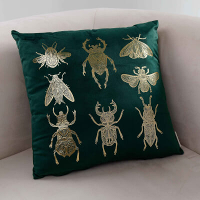 Подушка декоративная, 45х45 см, вельвет, зеленая, Жуки, Bugs ,image-0
