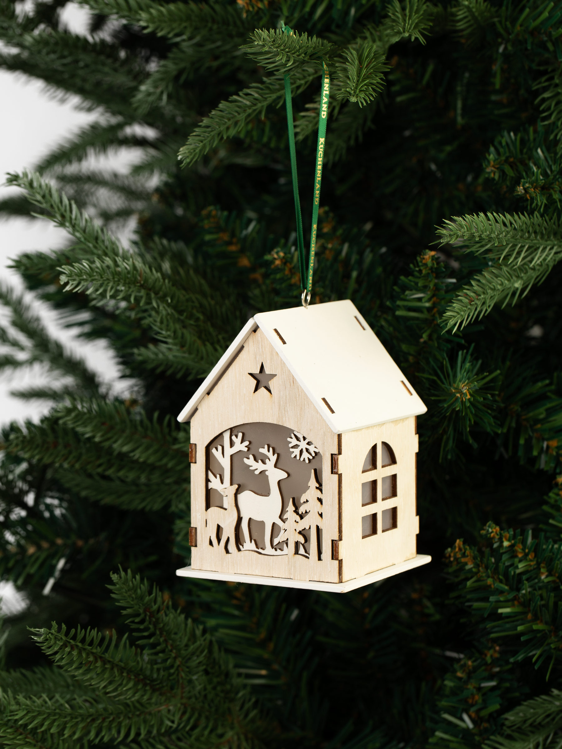 Игрушка елочная, 11 см, с подсветкой, МДФ, бежевая, Домик с оленями, Figure wood, image-2