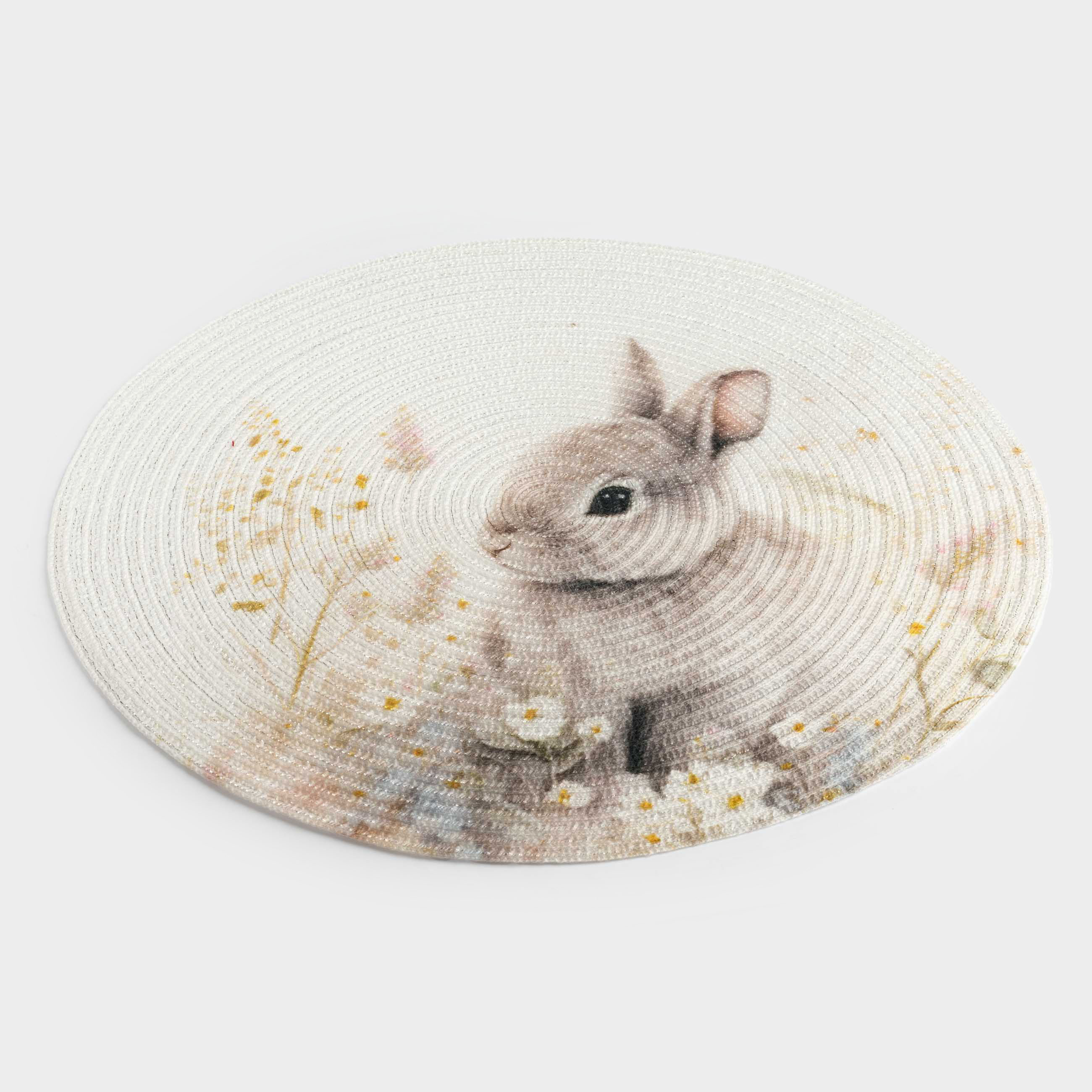 Салфетка под приборы, 38 см, полиэстер, круглая, белая, Кролик в цветах, Rotary print, image-0