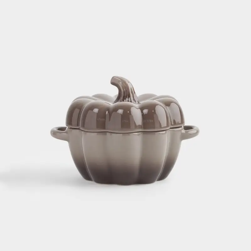 Кокотница, 11 см, 350 мл, с крышкой, керамика, серо-коричневая, Тыква, Gourd