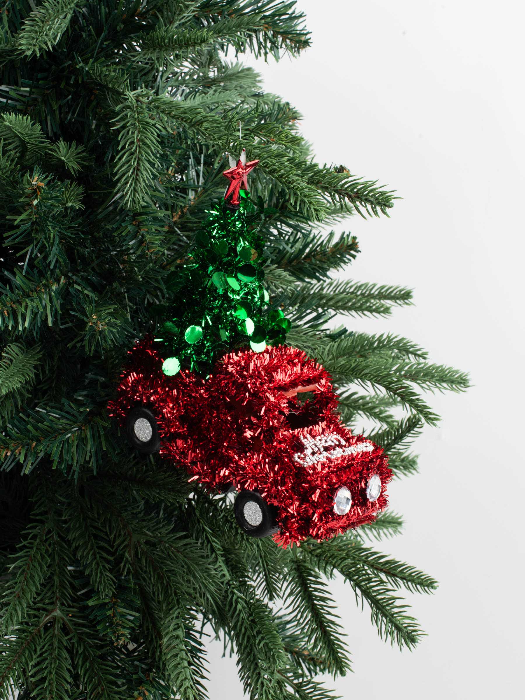 Игрушка елочная, 15 см, мишура/пластик, красная, Машина с елью, Tinsel christmas, image-5