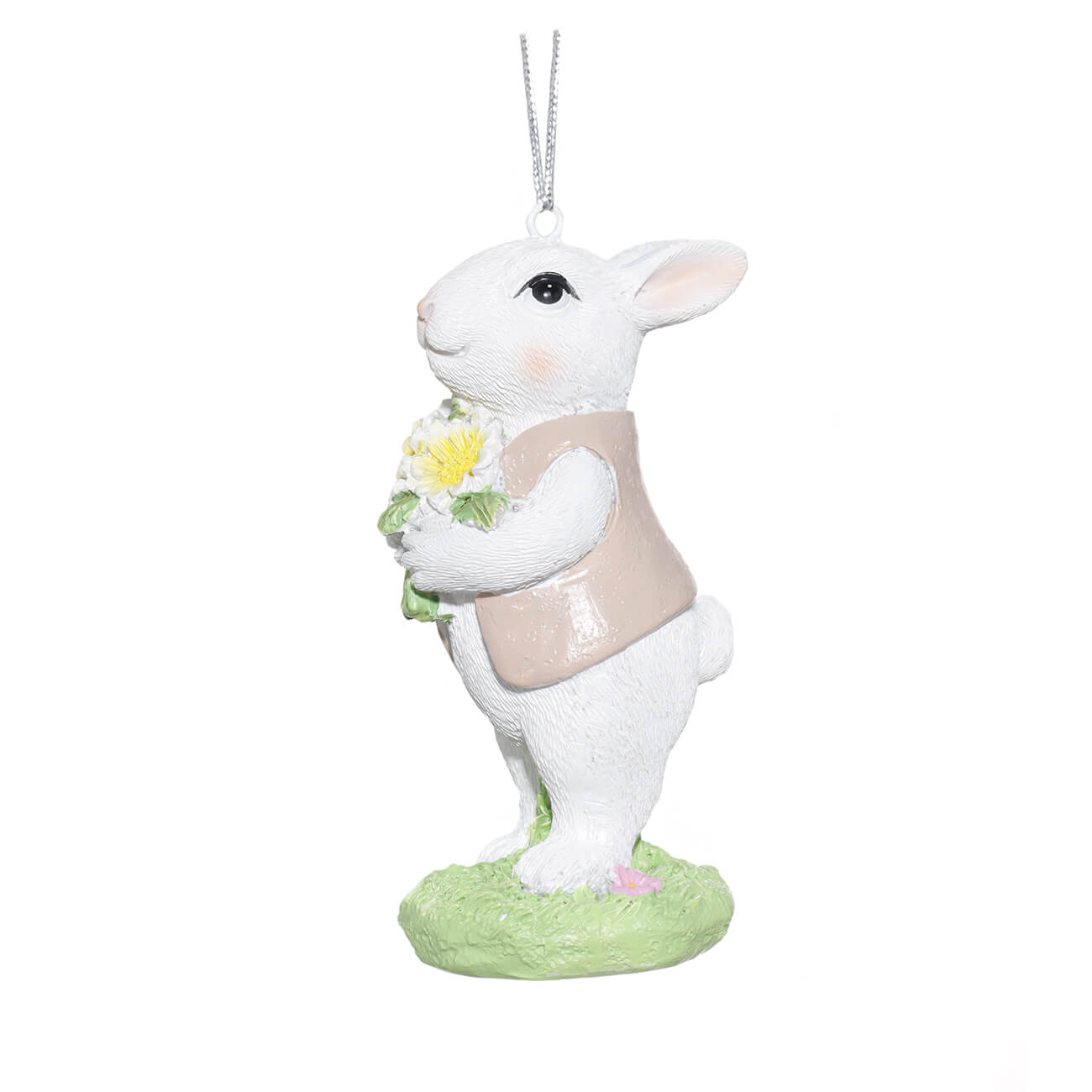 Подвеска декоративная, 10 см, полирезин, Белый кролик в жилете с цветами, Easter