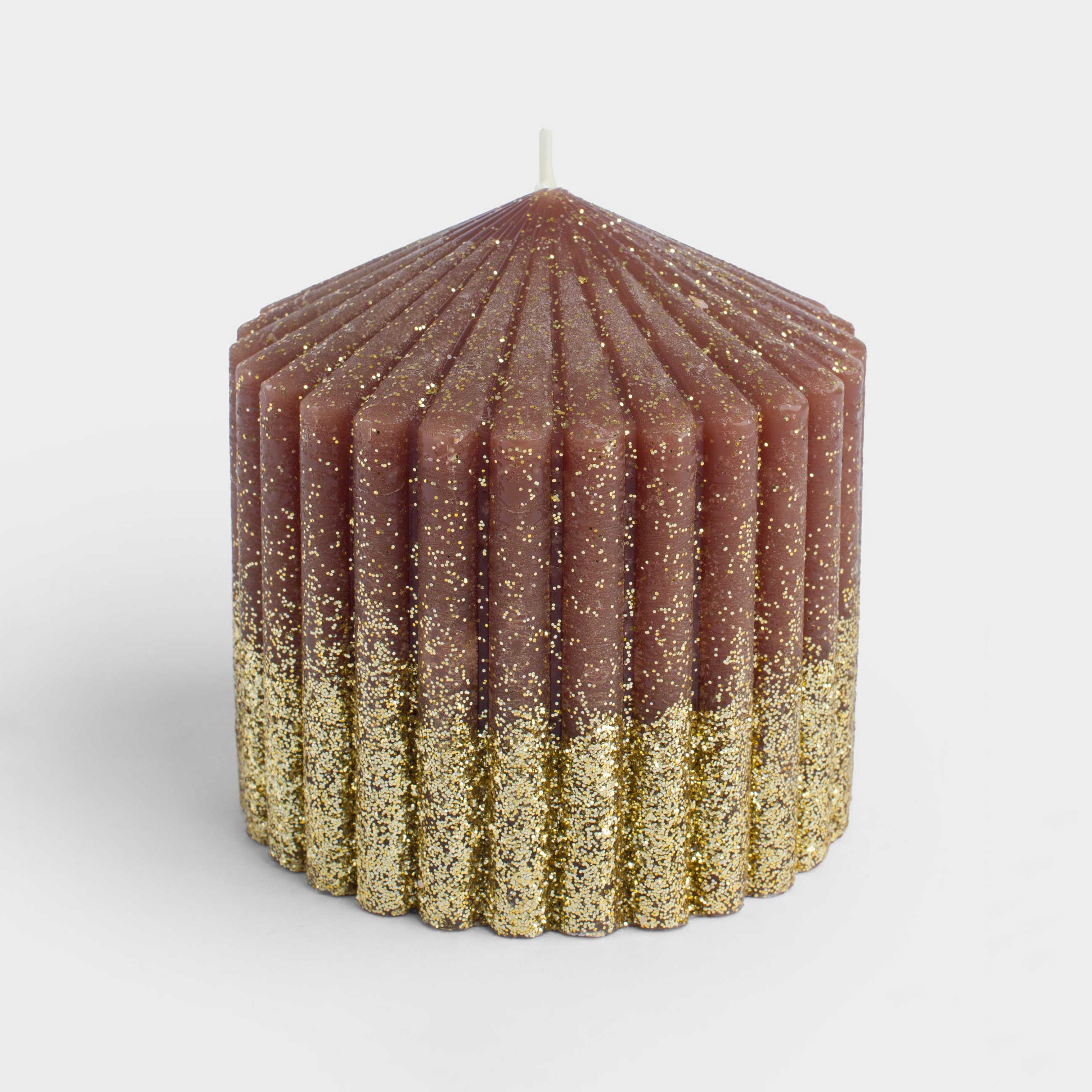 Свеча, 10 см, цилиндрическая, с блестками, коричнево-золотистая, Ribbed candle, image-1