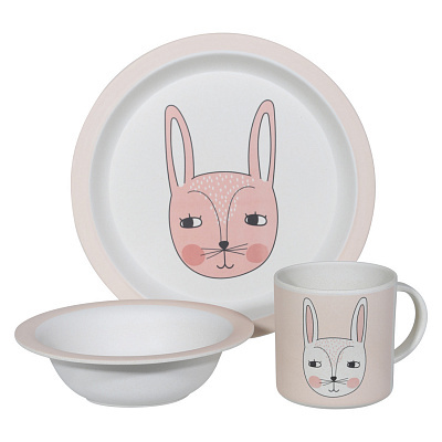 Набор посуды, детский, 3 пр, бамбук, розовый, Кролик, Scandi forest