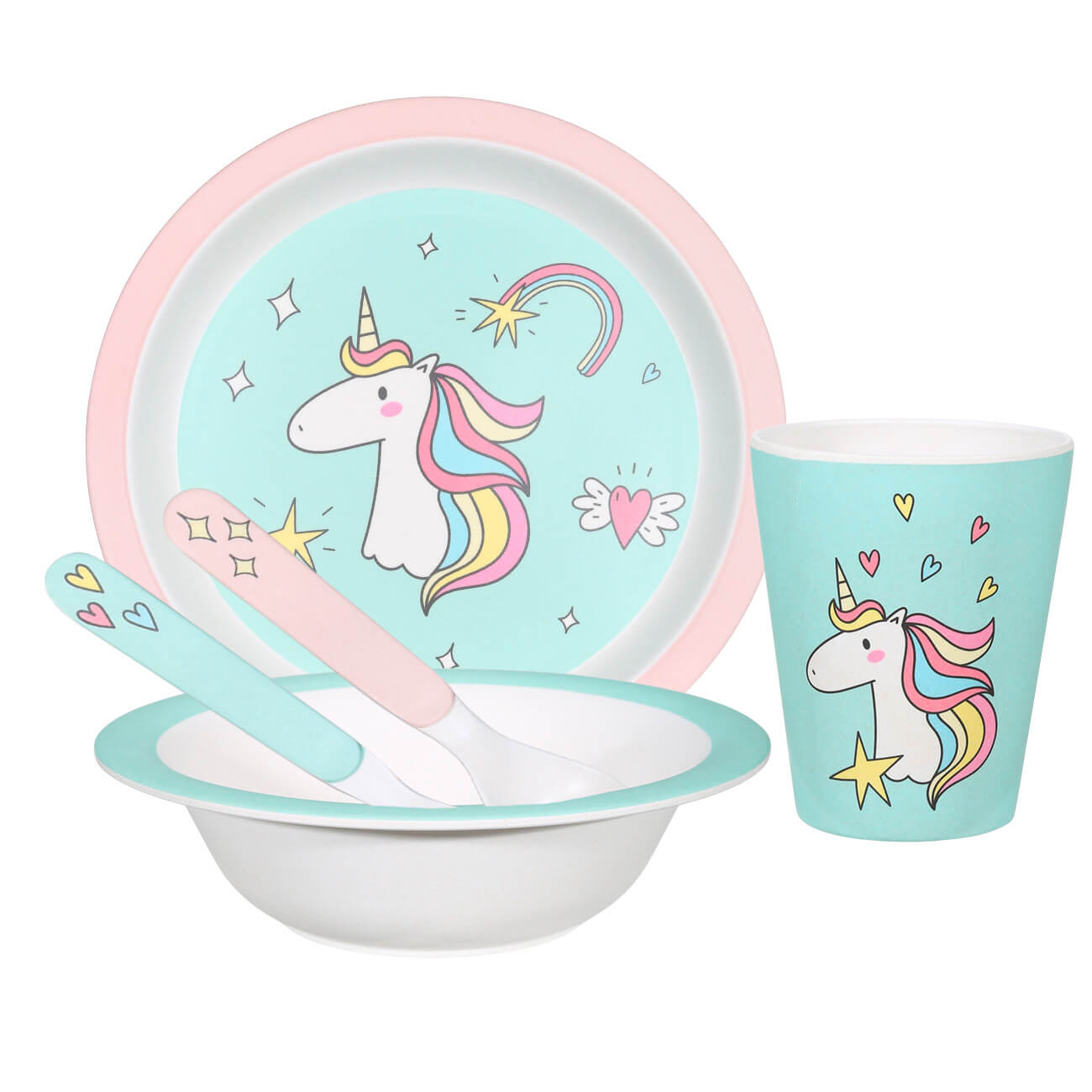 Набор посуды, детский, 5 пр, бамбук, розово-мятный, Единорог, Unicorn тарелка суповая детская 15 см бамбук розово мятная единорог и звезды unicorn