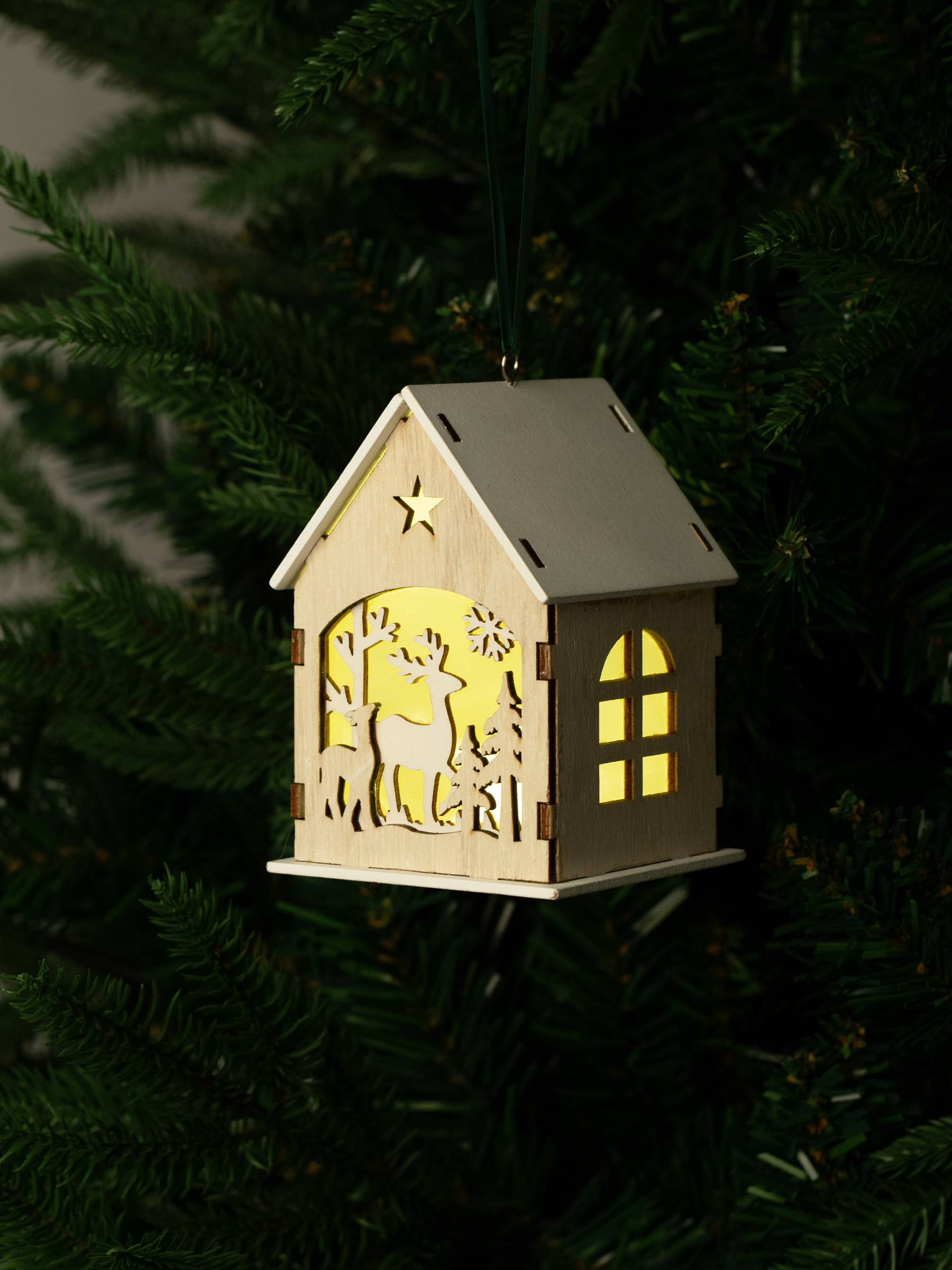Игрушка елочная, 11 см, с подсветкой, МДФ, бежевая, Домик с оленями, Figure wood, image-3