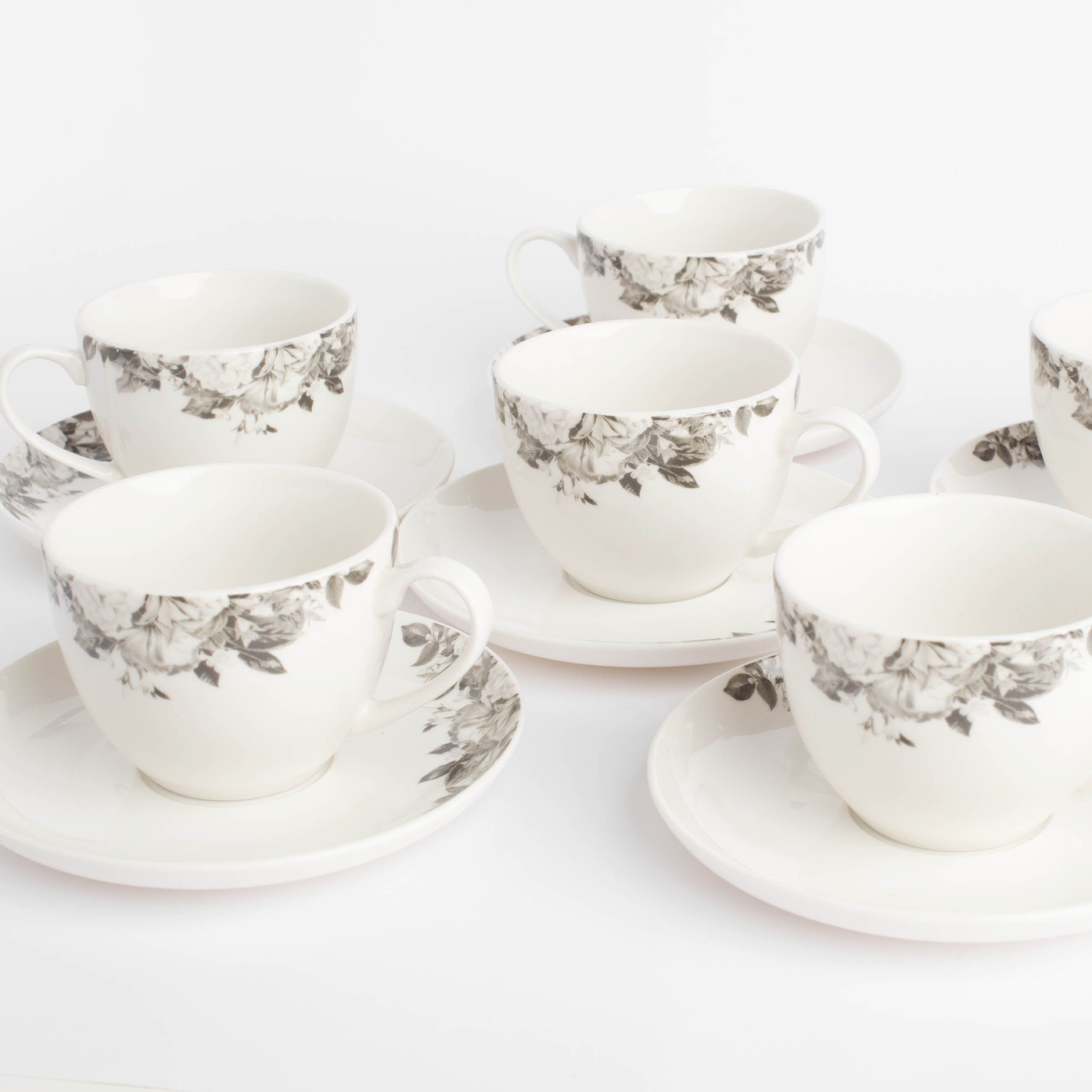 Пара чайная, 6 перс, 12 пр, 220 мл, фарфор N, белая, Черно-белые цветы, Magnolia изображение № 5