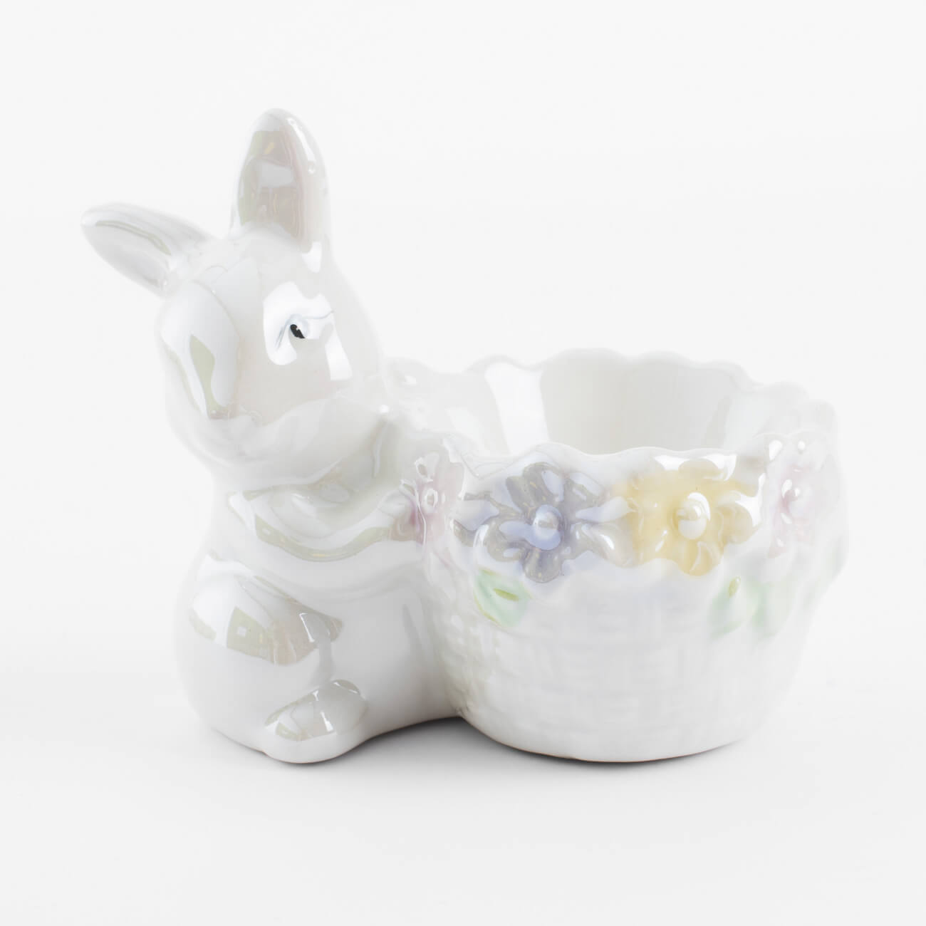 Подставка для яйца, 8 см, керамика, молочная, перламутр, Кролик с корзиной в цветах, Easter - фото 1
