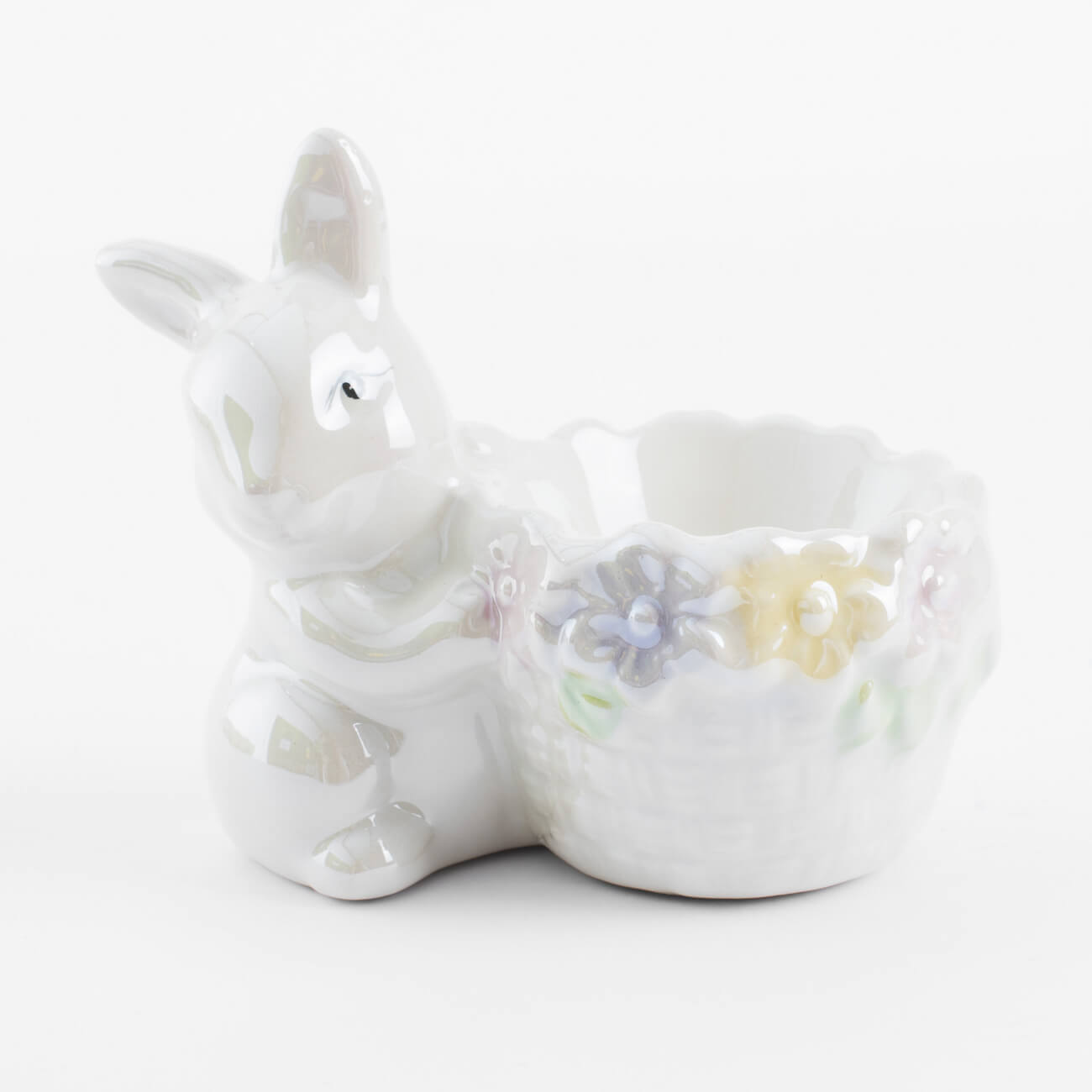 

Подставка для яйца, 8 см, керамика, перламутр, Кролик с корзиной в цветах, Easter