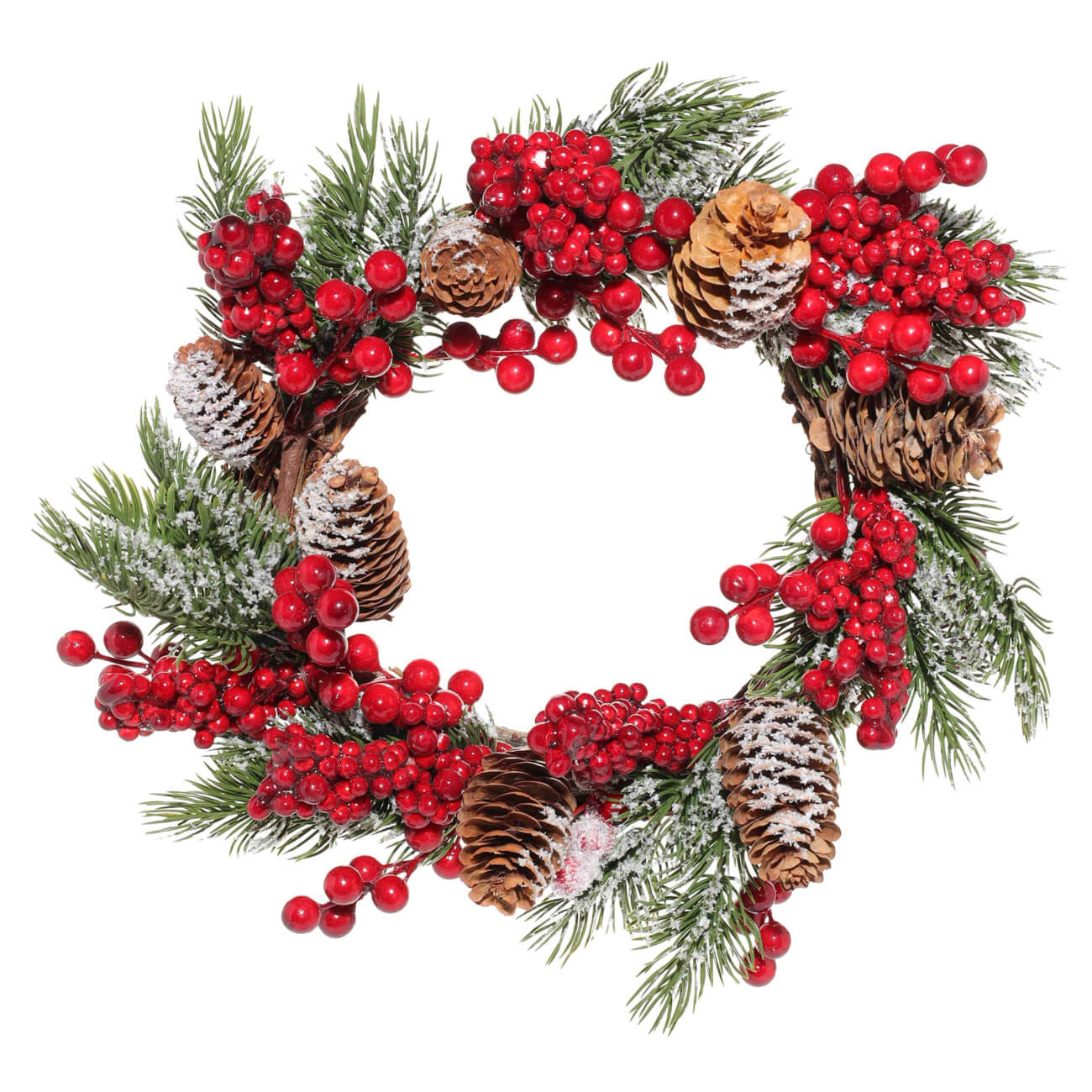 

Венок декоративный, 32 см, пенопласт, Красные ягоды и шишки, Winter berry