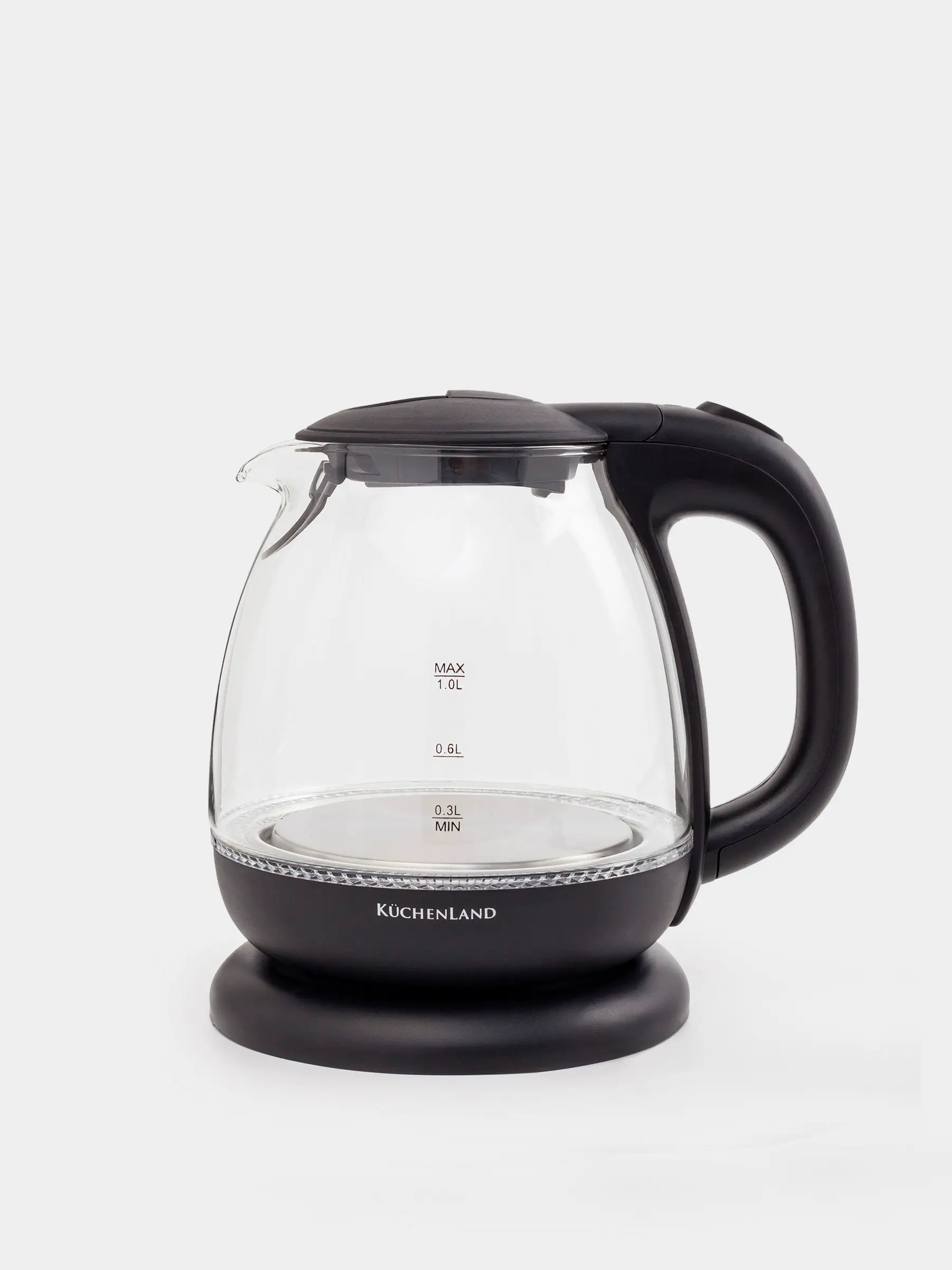 Чайник электрический, 1 л, 900-1100 Вт, стекло Б/пластик, с подсветкой, черный, Progress plus, image-0