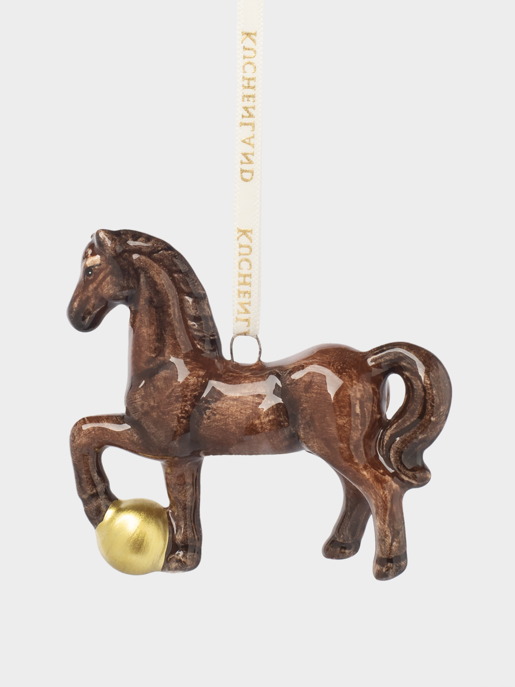 Игрушка елочная, 7 см, керамика, коричнево-золотистая, Конь с шаром, Figure christmas, image-1