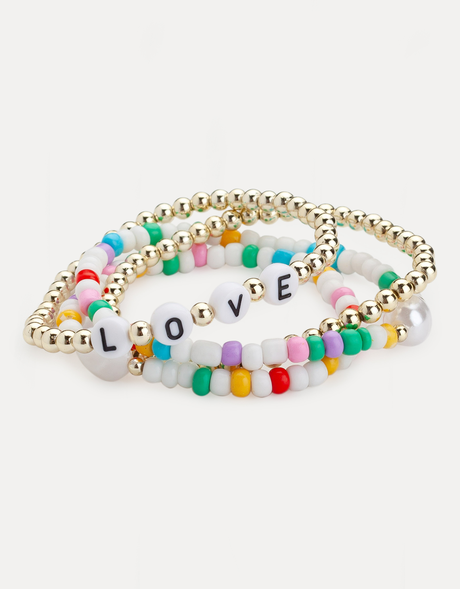 Набор браслетов, 6 см, 4 шт, пластик/стекло, золотистый/цветной, Love, Pearl color