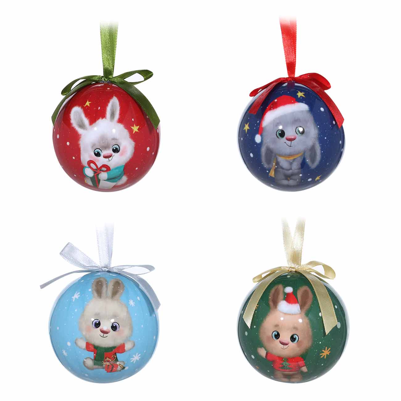 

Игрушка елочная, 4,5 см, 4 шт, пенопласт, шар, Кролики на разноцветном, Rabbit