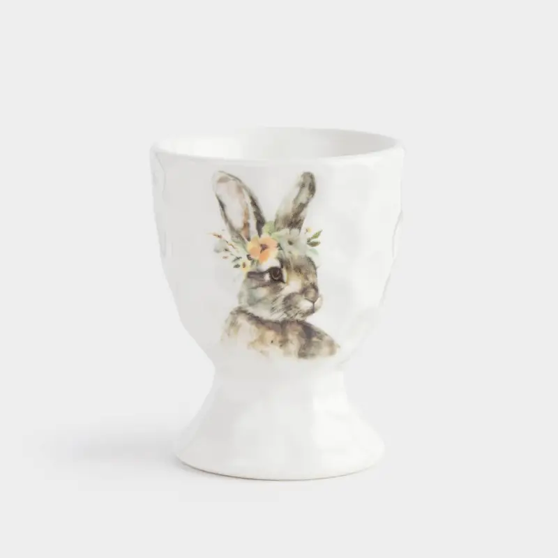 Подставка для яйца, 6 см, керамика, белая, Кролик в венке, Natural Easter