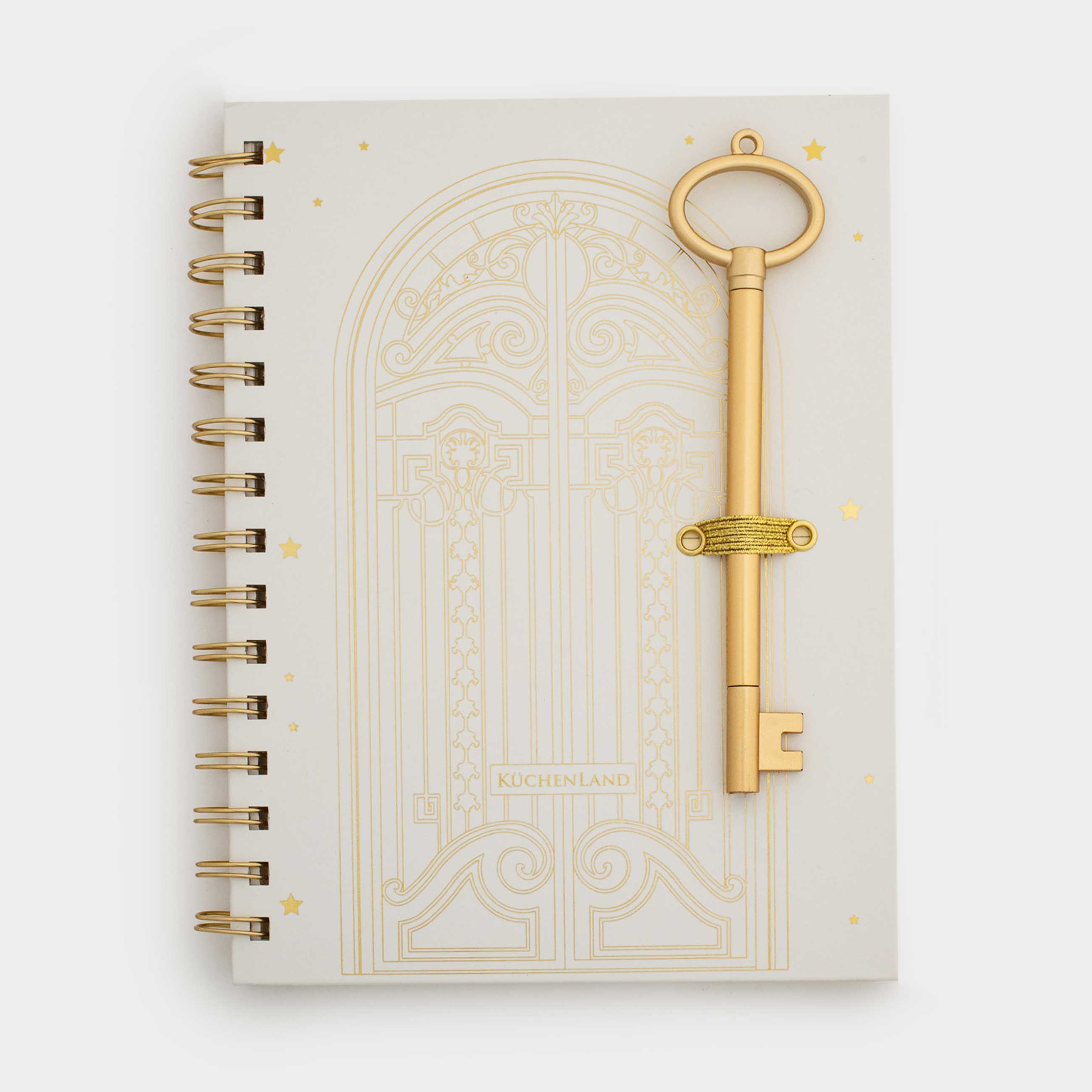 Блокнот для записей, 15х20 см, 80 л, на кольцах, с ручкой, полиуретан, экрю, Stationery gold