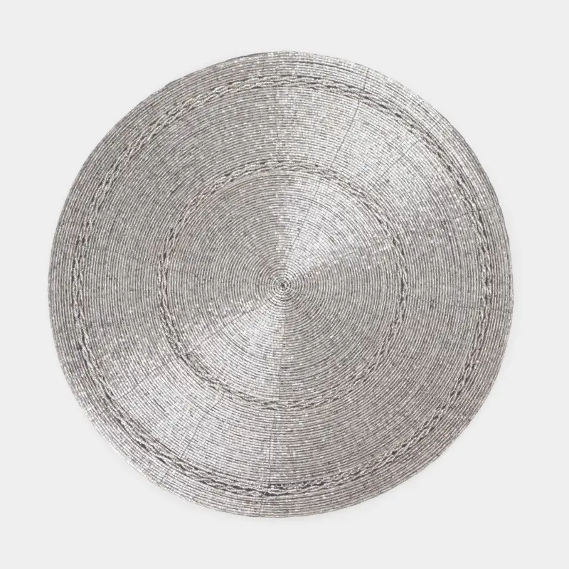 Салфетка под приборы, 36 см, бисер, круглая, светло-серебристая, Circle beads ,image-0