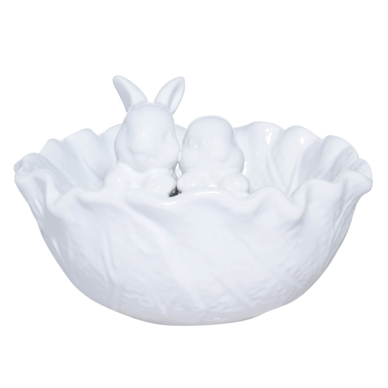 

Блюдо глубокое, 16х7 см, керамика, белое, Кролики на листке, Natural Easter