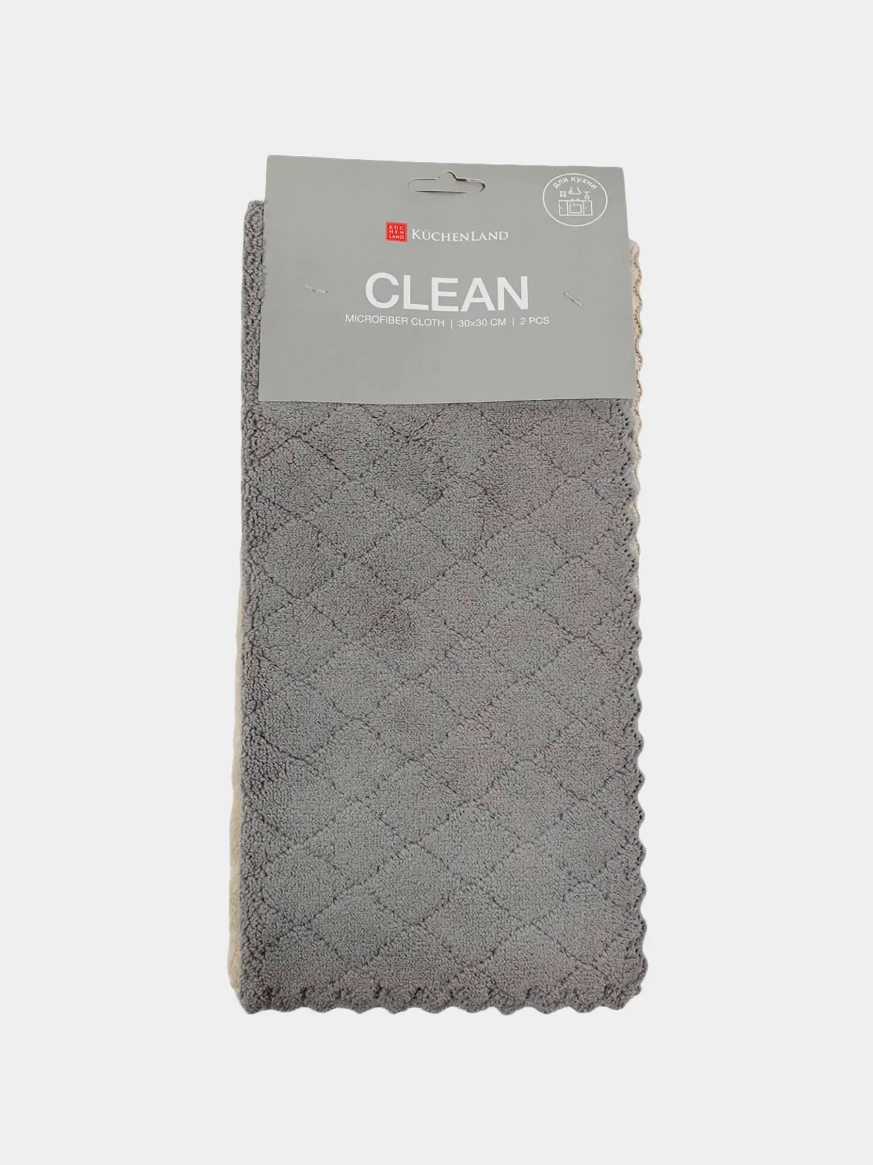 Тряпка для кухни, 30х30 см, 2 шт, микрофибра, бежевая/серая, Ворс с узорами, Clean, image-0