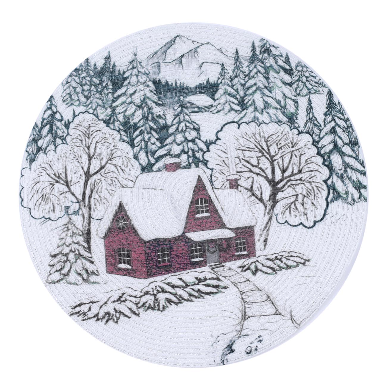 

Салфетка под приборы, 38 см, полиэстер, круглая, белая, Дом в лесу, Rotary print