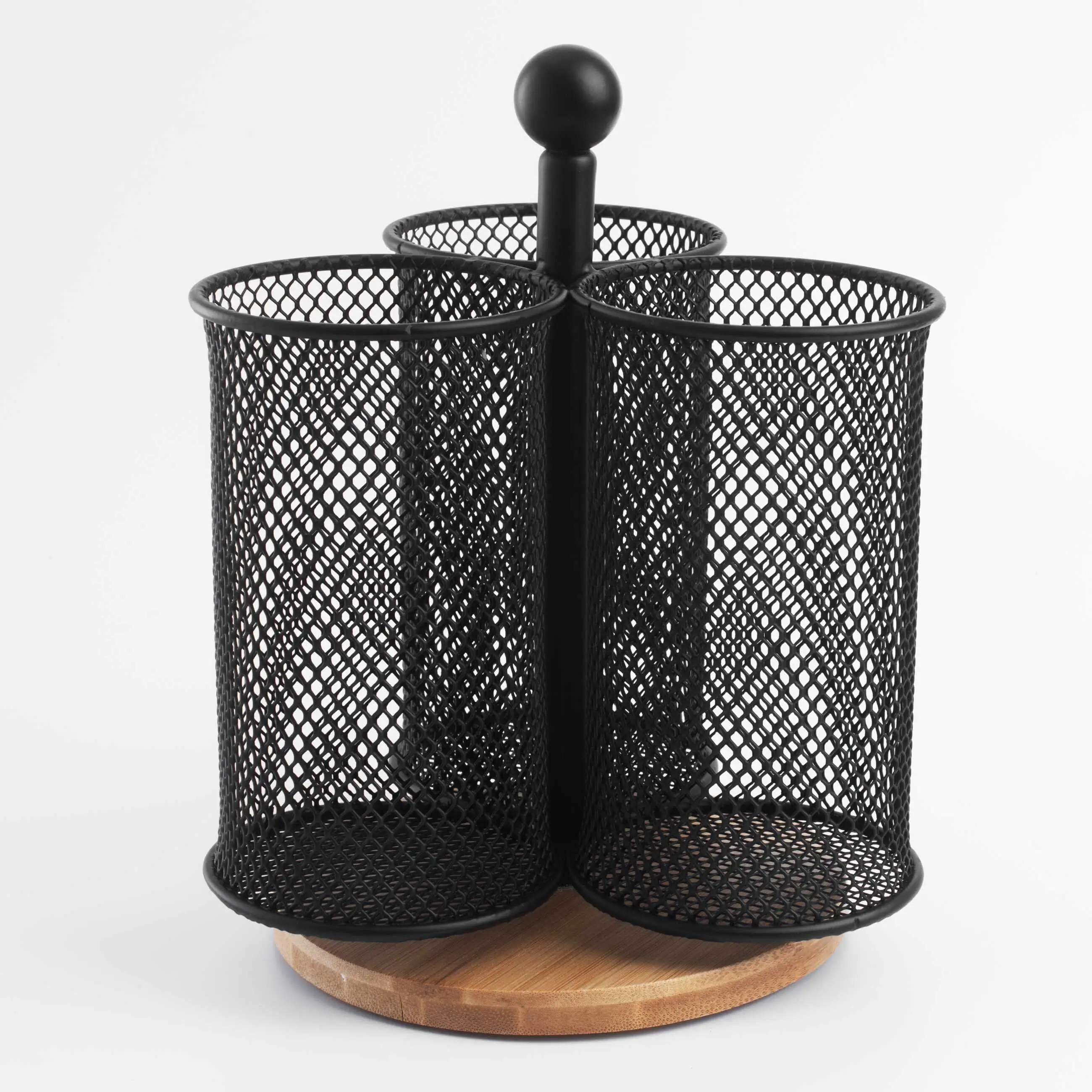 Подставка для кухонных принадлежностей, 15 см, 3 отд, с ручкой, металл/бамбук, черная, X-Loft