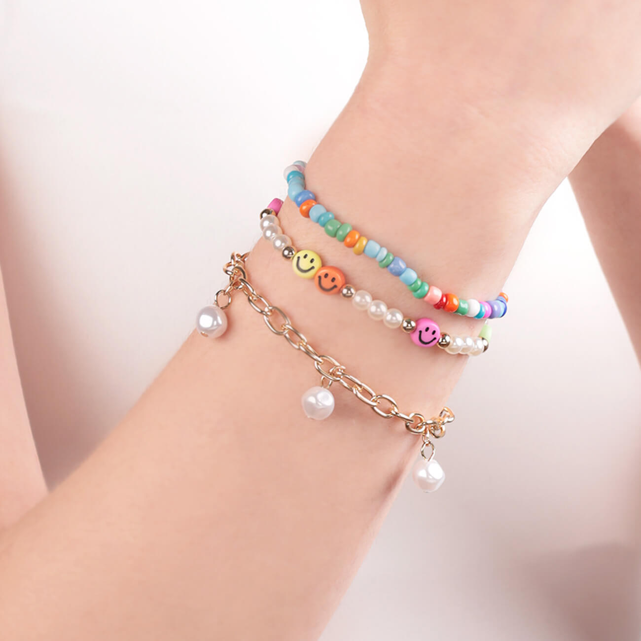 

Браслет, 9 см, 3 шт, пластик/металл, микс, Смайлы и жемчуг, Pearl color