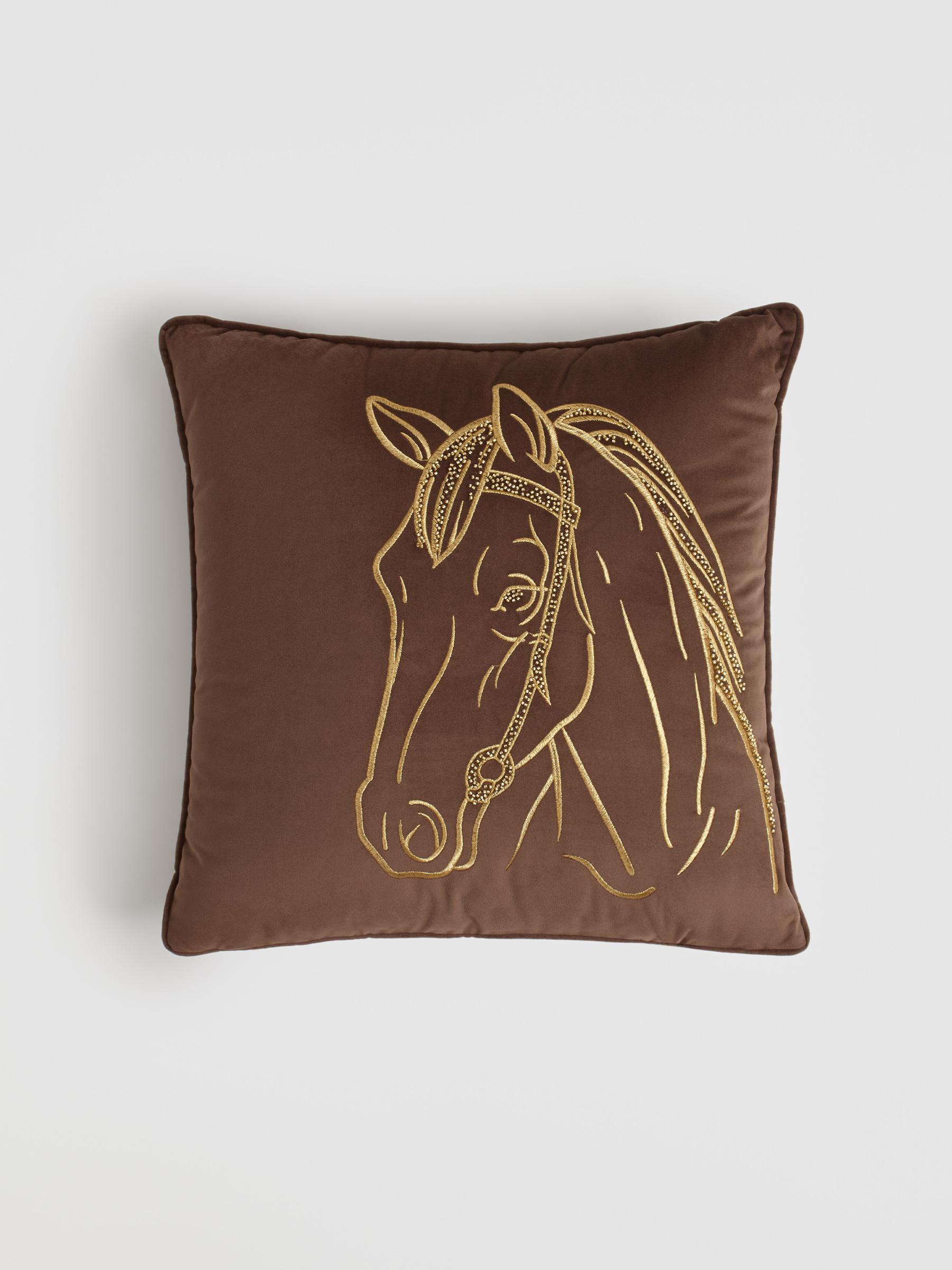 Подушка декоративная, 45х45 см, вельвет/бисер, коричневая, Лошадь, Horse, image-0
