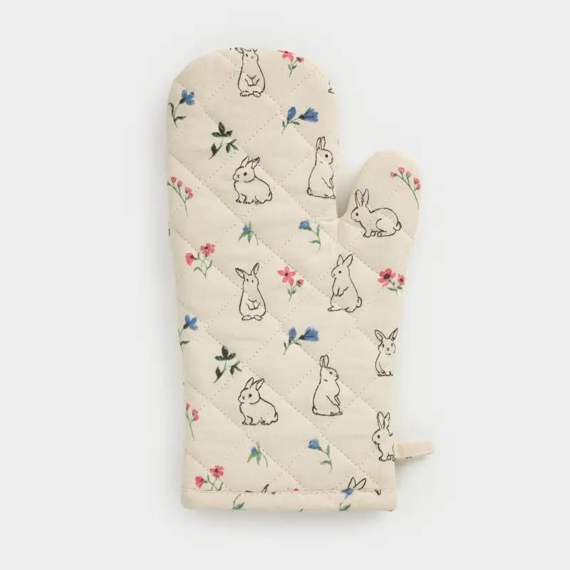 Прихватка-варежка, 18x32 см, хлопок, молочная, Кролики и цветы, El flora rabbit ,image-0