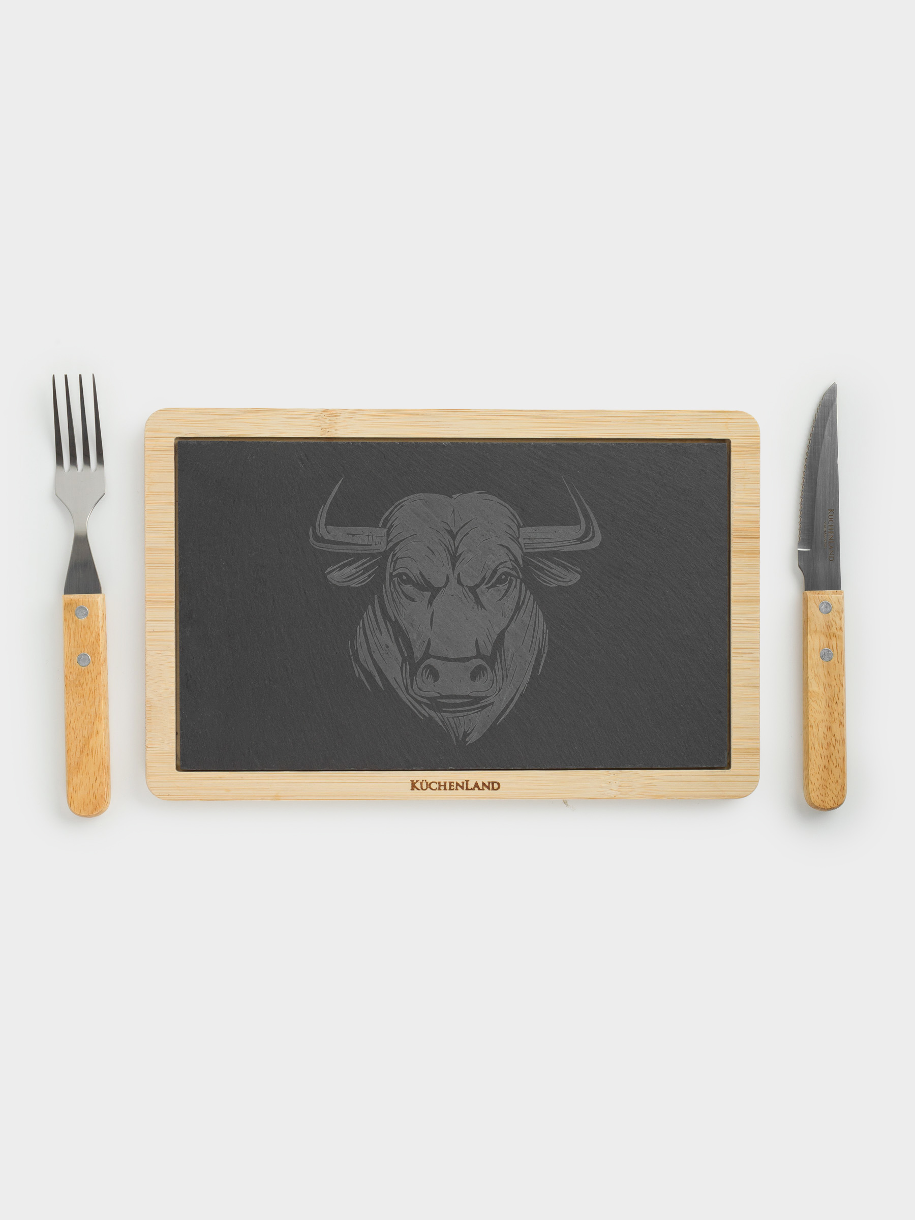 Набор для подачи стейка, 1 перс, 3 пр, сталь/сланец/бамбук, Бык, BBQ, image-1