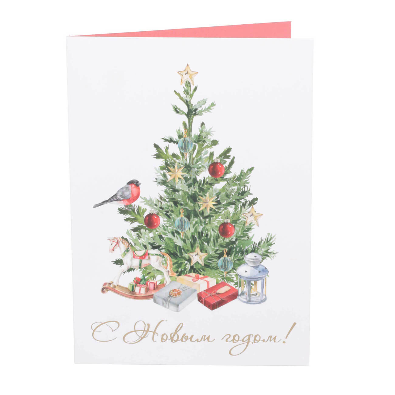 

Открытка подарочная, 12х17 см, бумага, бело-красная, Снегирь на елке, Christmas miracle