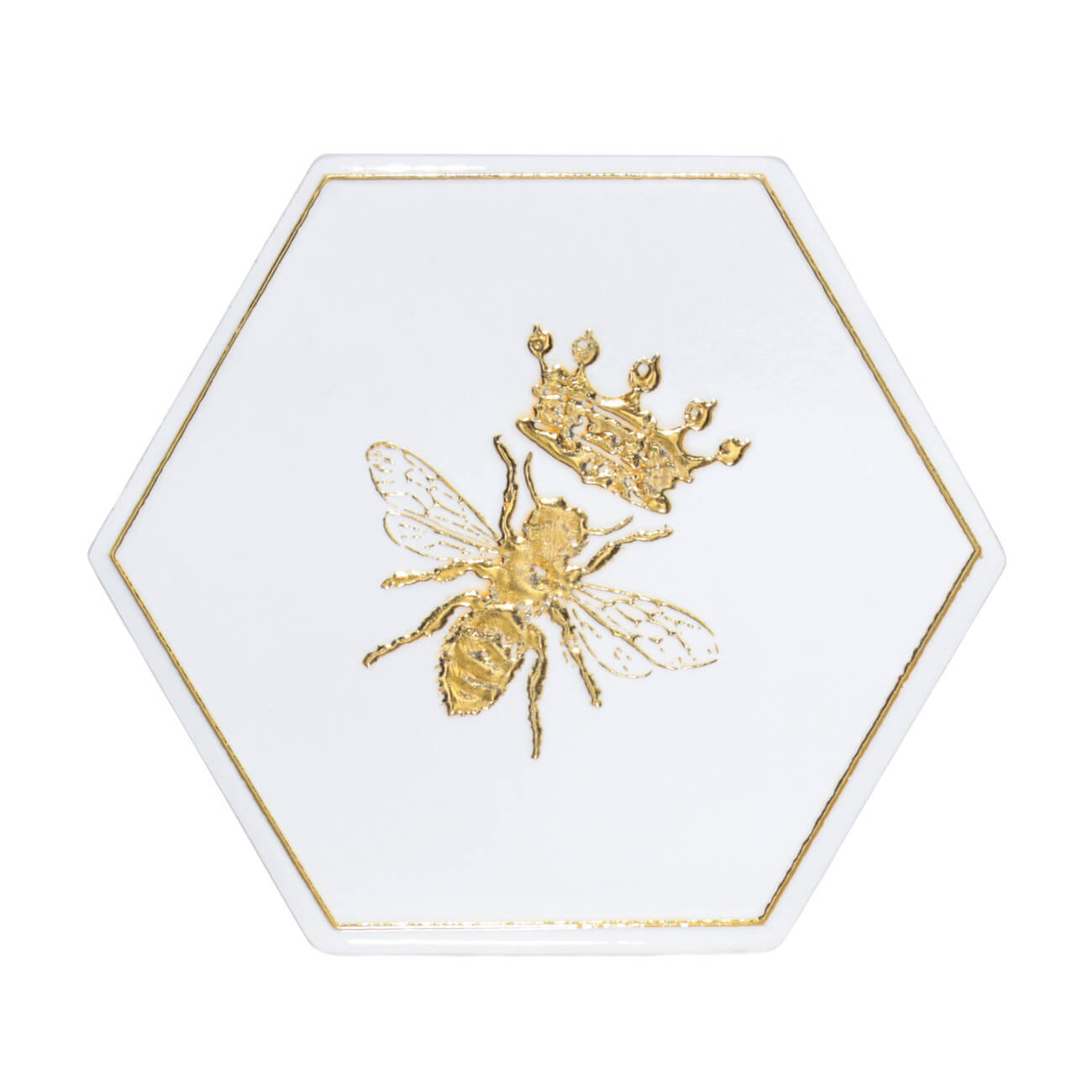 Подставка под кружку, 11 см, керамика/пробка, шестиугольная, белая, Королевская пчела, Honey