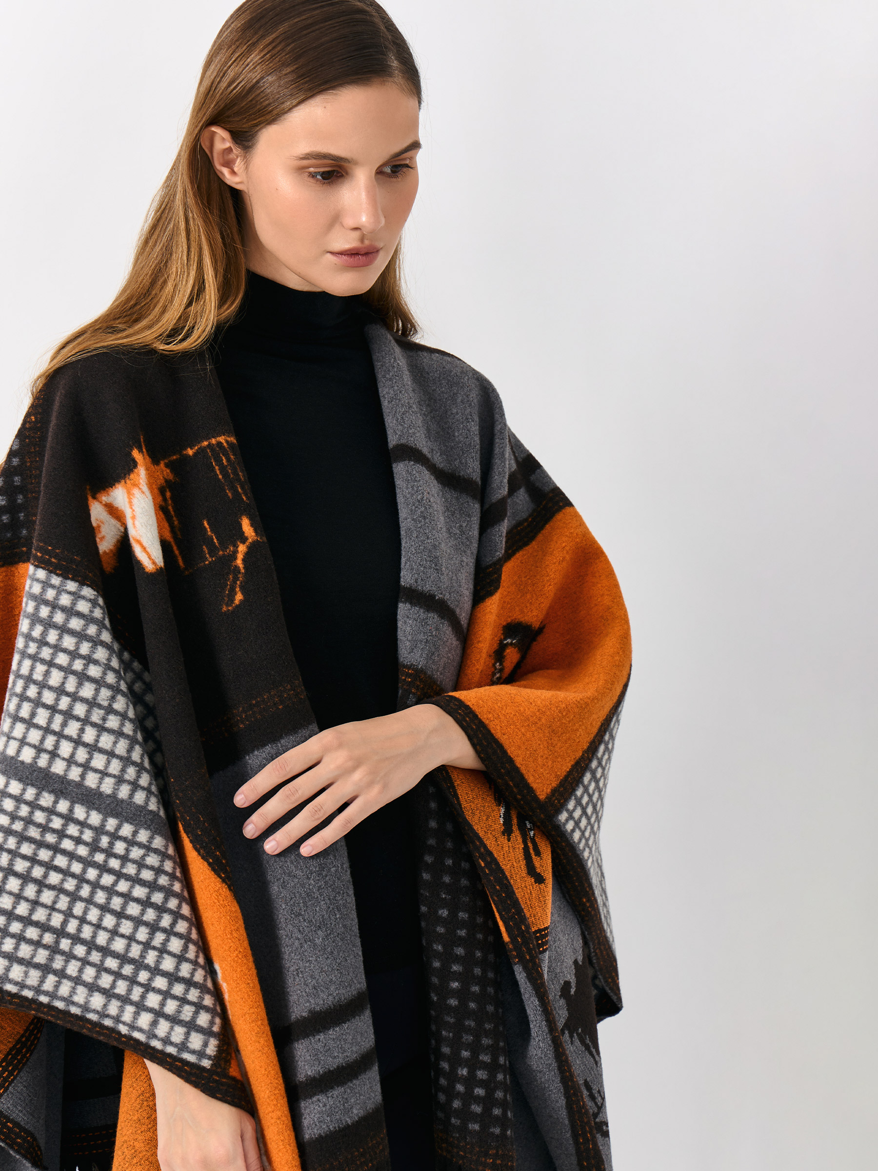 Пончо, 130х160 см, с бахромой, полиэстер, черно-оранжевое, Лошадь, Poncho, image-1