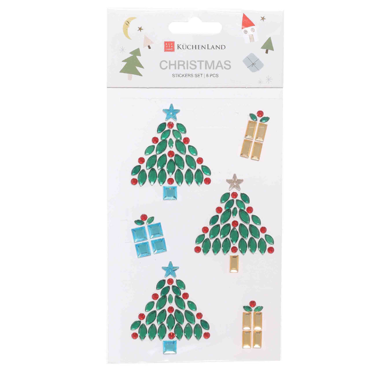

Набор наклеек, 16х10 см, 6 шт, одноразовые, акрил, Елки из страз, Christmas