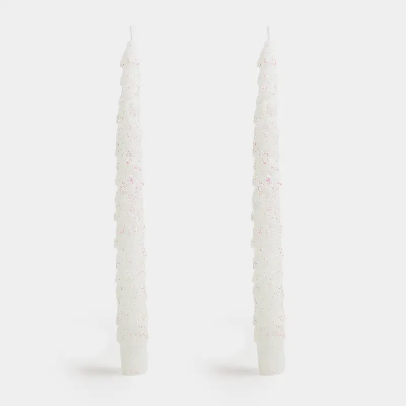 Свеча, 25 см, 2 шт, тонкая, с блестками, бело-серебристая, Елка, Fir candle